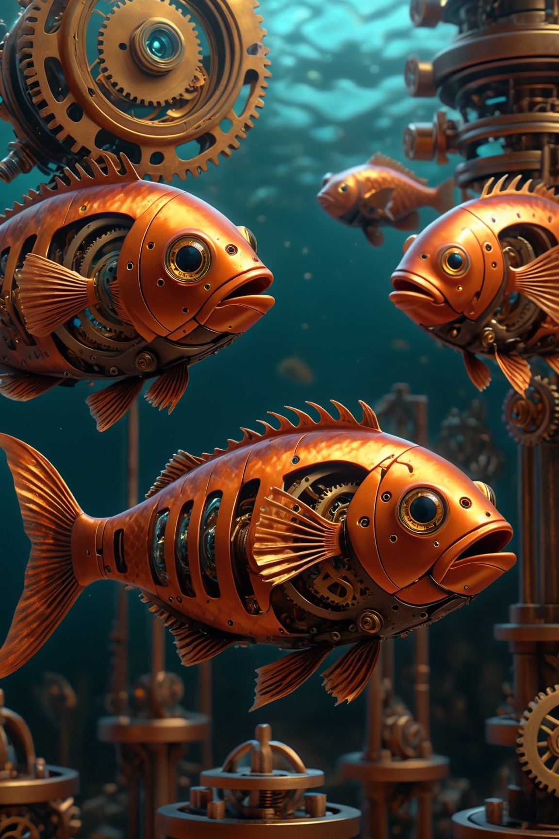 Masterpiece, best quality, absurdres, 8k, perfectly_detailed, hyper_realistic, wide_angle, image of a (((mechanical))) fish, swimming around among other fish. Intricate_details, mechanical parts, gears and clockwork, 3d render. Bokeh, anatomically_correct, cinematic.,girl,DonMCyb3rN3cr0XL ,HellAI,fire