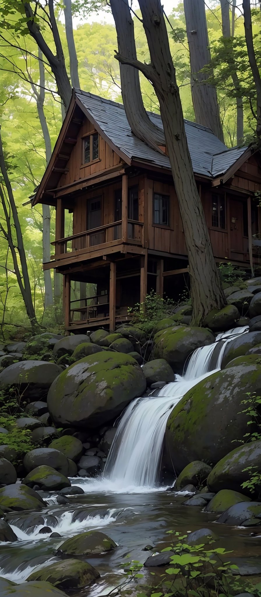 an old cabin with trees in the background and a stream flowing down it,ushitora-kimon,Hiroshi Yoshida,Wuxia, isekai, danube school, Landscape