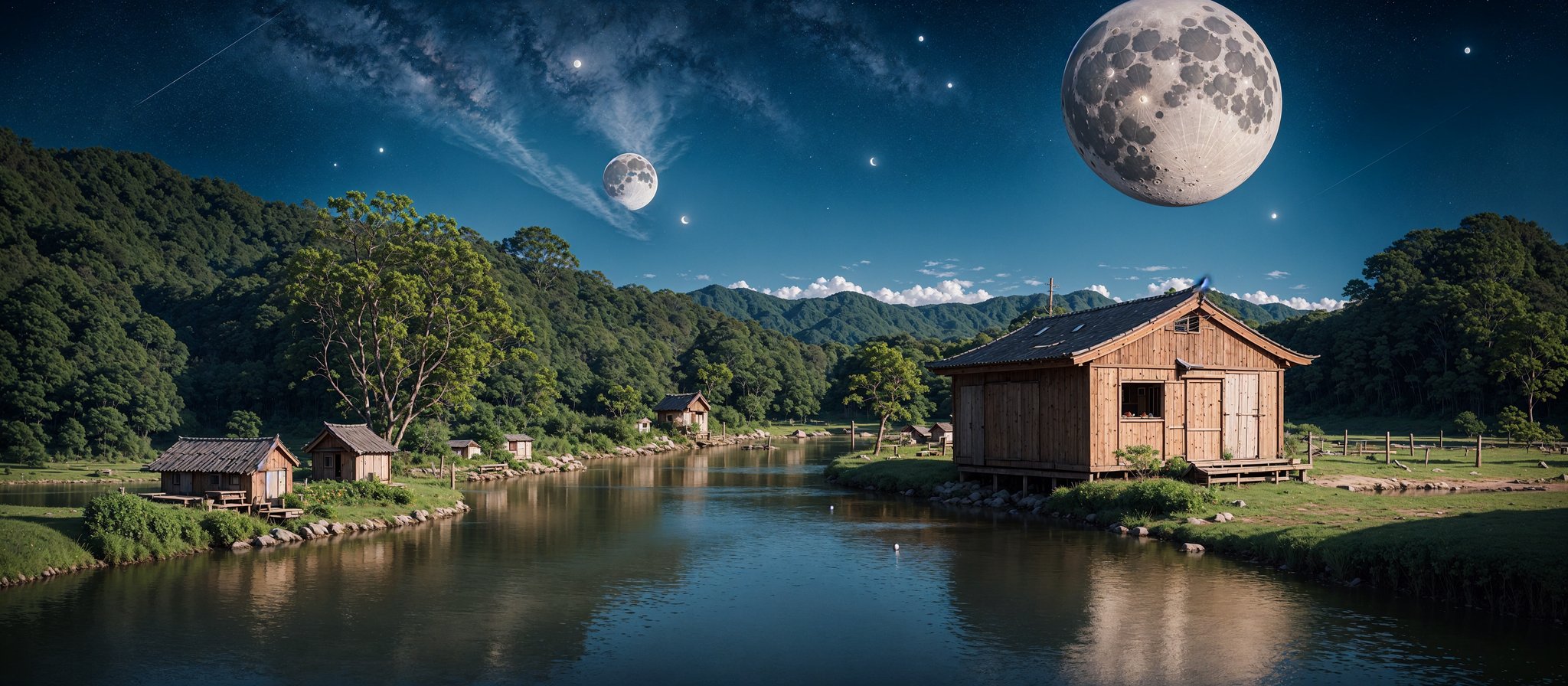 ((beautiful Wallpaper of the view of a field with a traditional small house in it and a person and a shed and river and lake)), ((night)), (((sky full star and a moon:1))), Landscape, Bangsian fantasy, sumatraism, pexels, pinterest, stock photo, shutterstock, picture, behance, tilt shift photo, jigsaw puzzle, ecological art, Cheong Soo Pieng, kouan, regionalism, syunkarow, Solarpunk, Solarpunk, microscopic photo, Tan Ting-pho, environmental art, color field, Yann Arthus-Bertrand, Basawan, Gong'an, Bichitr, Parable, Architectural, horishiki, over-rice, mura-mura, unsplash, Triangulation, Food Art