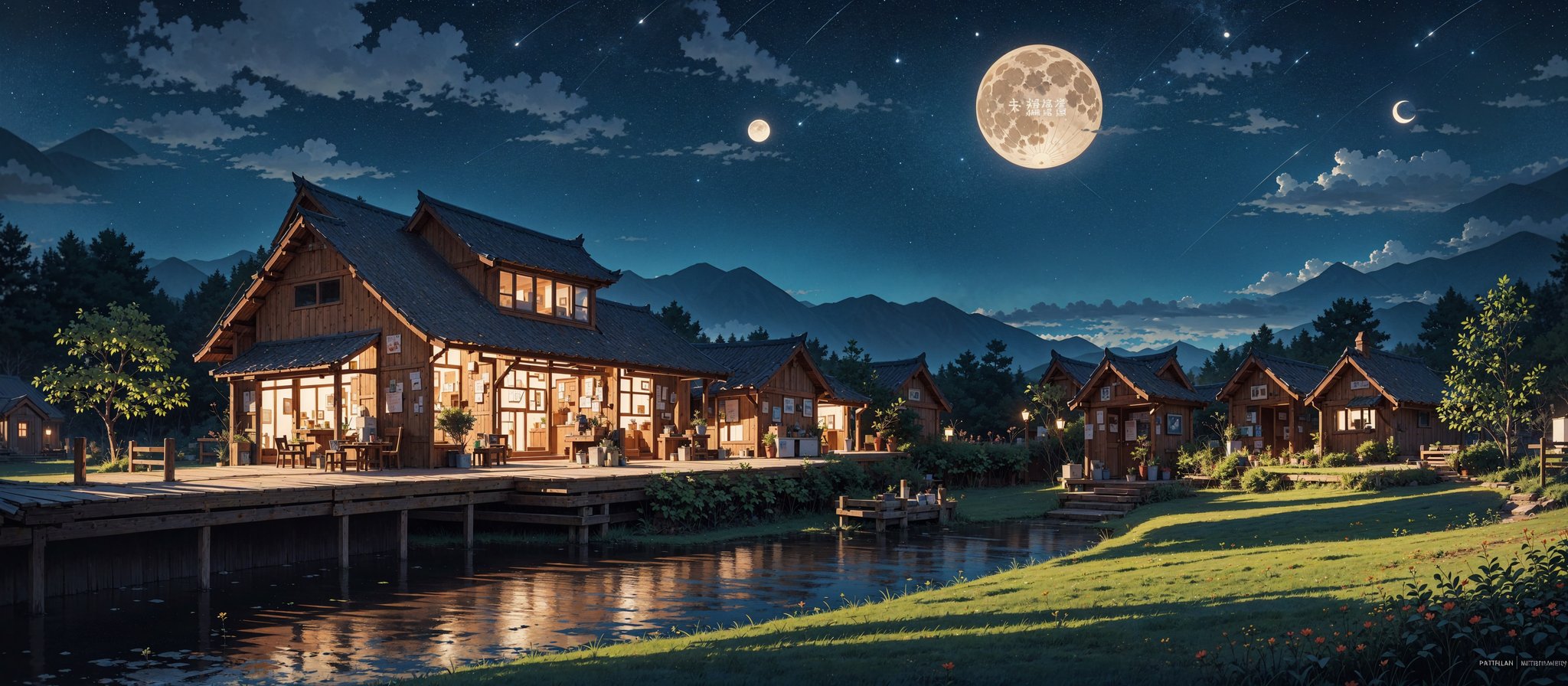 ((beautiful Wallpaper of the view of a field with a traditional small house in it and a person and a shed and river and lake)), ((night)), (((sky full star and a moon:1))), Landscape, Bangsian fantasy, sumatraism, pexels, pinterest, stock photo, shutterstock, picture, behance, tilt shift photo, jigsaw puzzle, ecological art, Cheong Soo Pieng, kouan, regionalism, syunkarow, Solarpunk, Solarpunk, microscopic photo, Tan Ting-pho, environmental art, color field, Yann Arthus-Bertrand, Basawan, Gong'an, Bichitr, Parable, Architectural, horishiki, over-rice, mura-mura, unsplash, Triangulation, Food Art