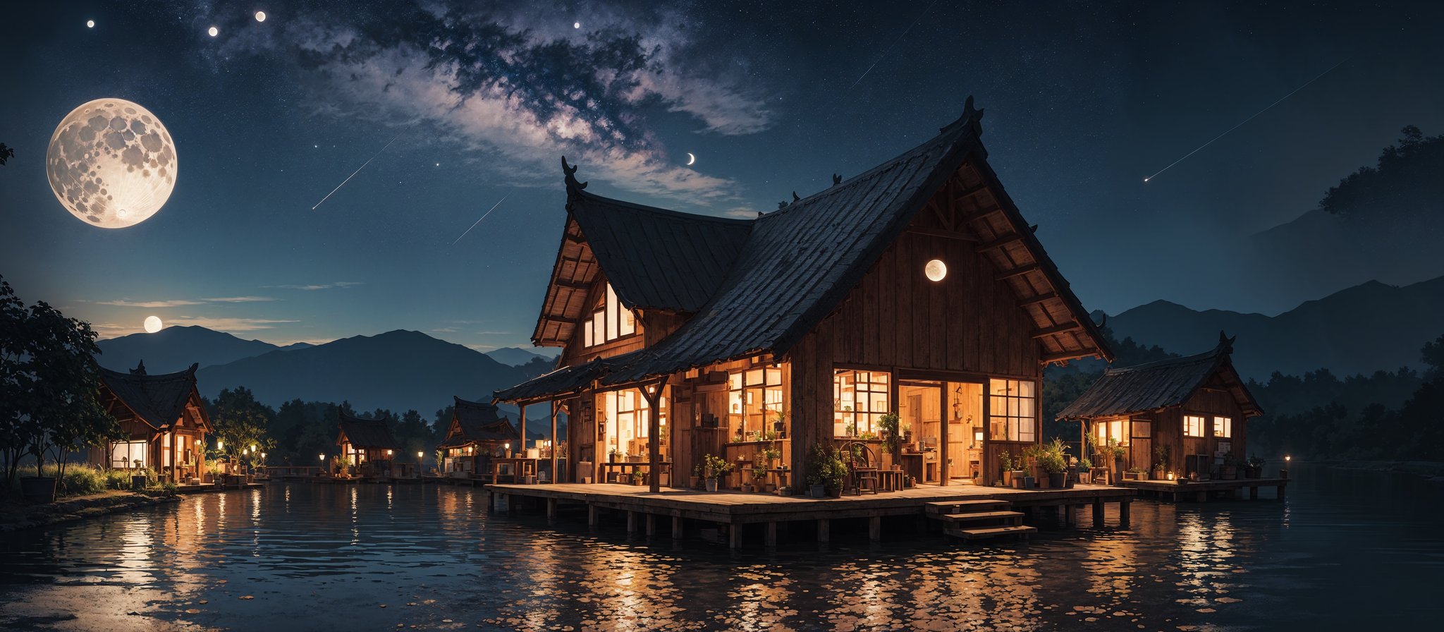 ((beautiful Wallpaper of the view of a field with a traditional small house in it and a person and a shed and river and lake)), ((night)), (((sky full star and a moon:1))), Landscape, Bangsian fantasy, sumatraism, pexels, pinterest, stock photo, shutterstock, picture, behance, tilt shift photo, jigsaw puzzle, ecological art, Cheong Soo Pieng, kouan, regionalism, syunkarow, Solarpunk, Solarpunk, microscopic photo, Tan Ting-pho, environmental art, color field, Yann Arthus-Bertrand, Basawan, Gong'an, Bichitr, Parable, Architectural, horishiki, over-rice, mura-mura, unsplash, Triangulation, Food Art