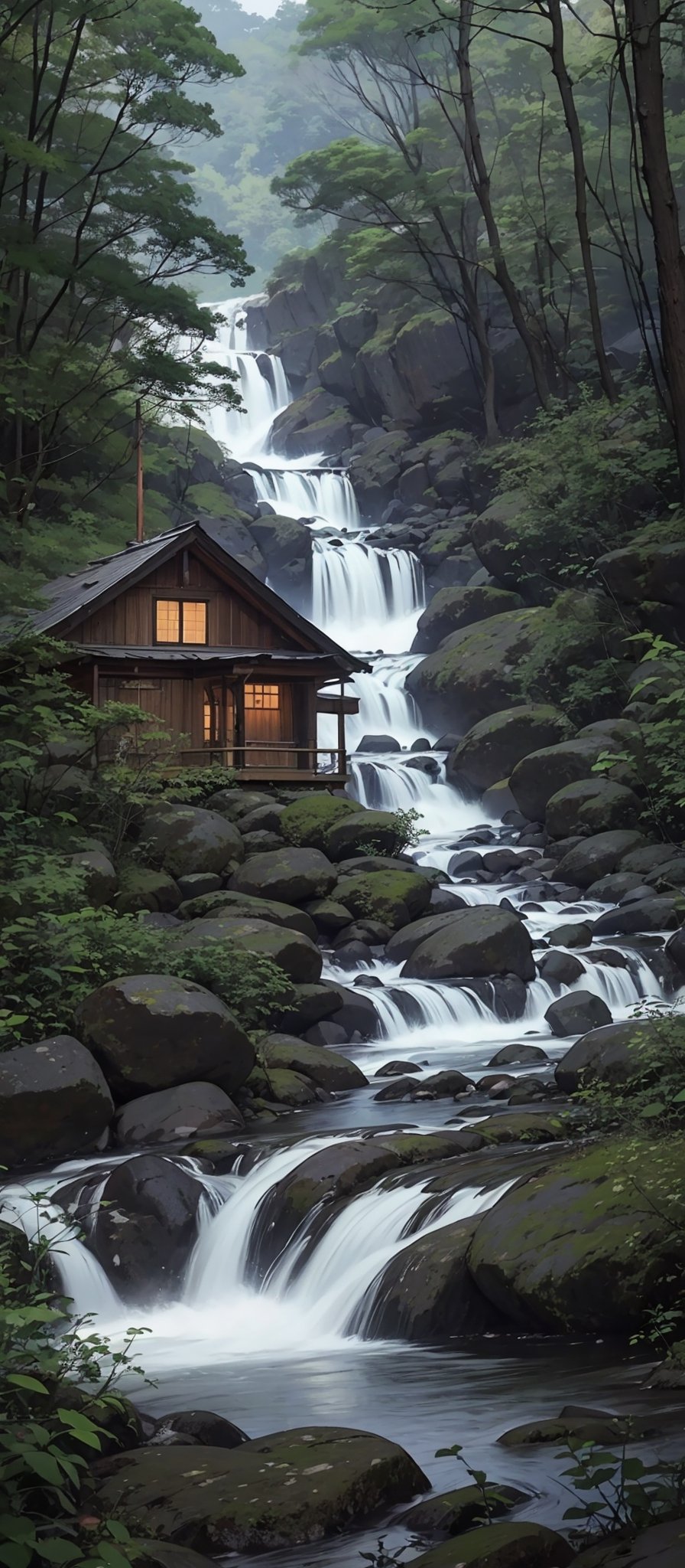 an old cabin with trees in the background and a stream flowing down it,ushitora-kimon,Hiroshi Yoshida,Wuxia, isekai, danube school, Landscape