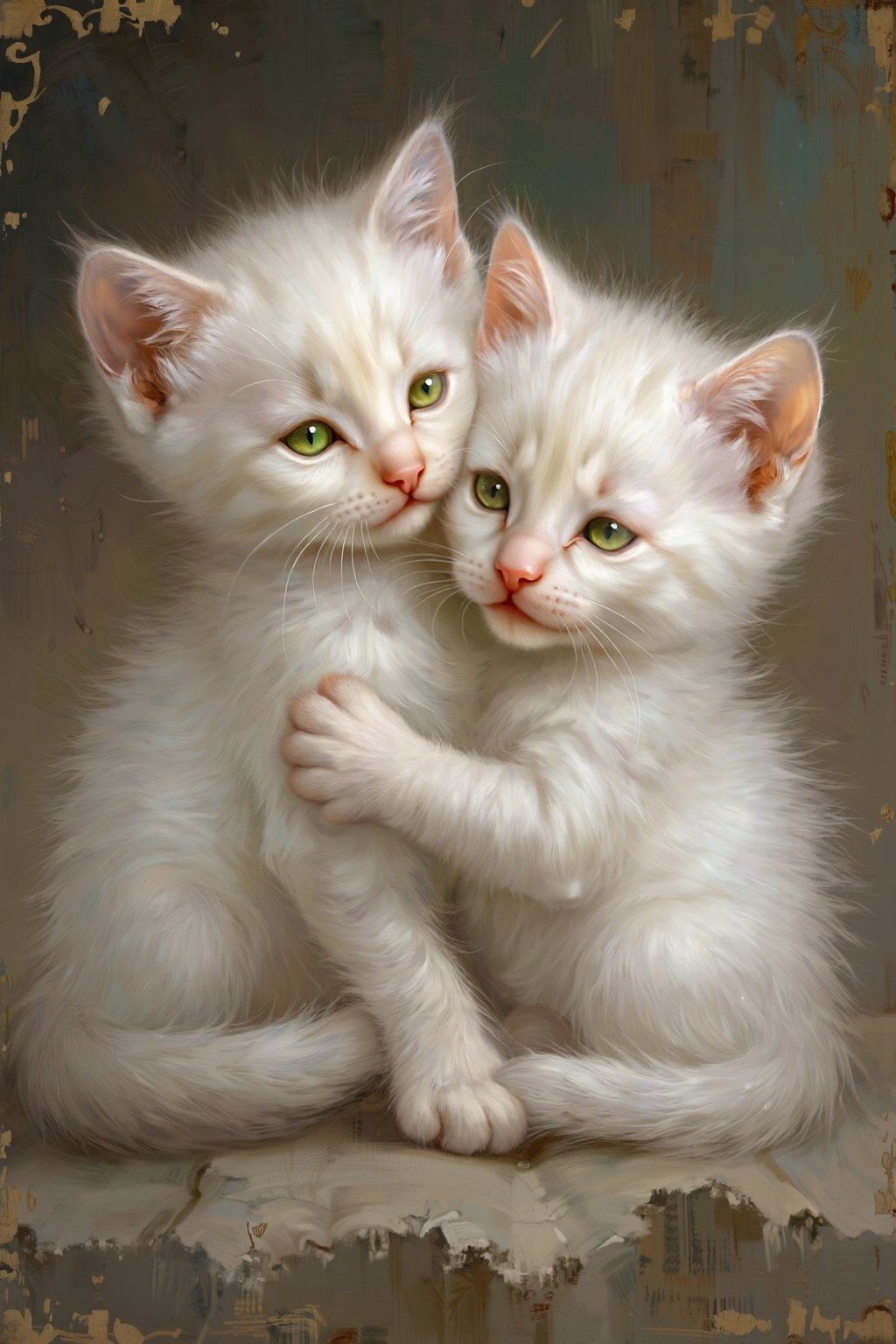  (white kittens), (oil painting), (chubby cheeks), (green eyes), (playful), (whiskers), (fluffy fur), (cuddled together), (soft lighting), (antique frame), (random patterns), (masterpiece), (dynamic lighting), (8k), (high resolution), (best quality), (natural beauty), (sharp), (very detailed), (realism), (realistic), (detailed anatomy),score_9, score_8_up, score_8,score_7_up,source_real, 