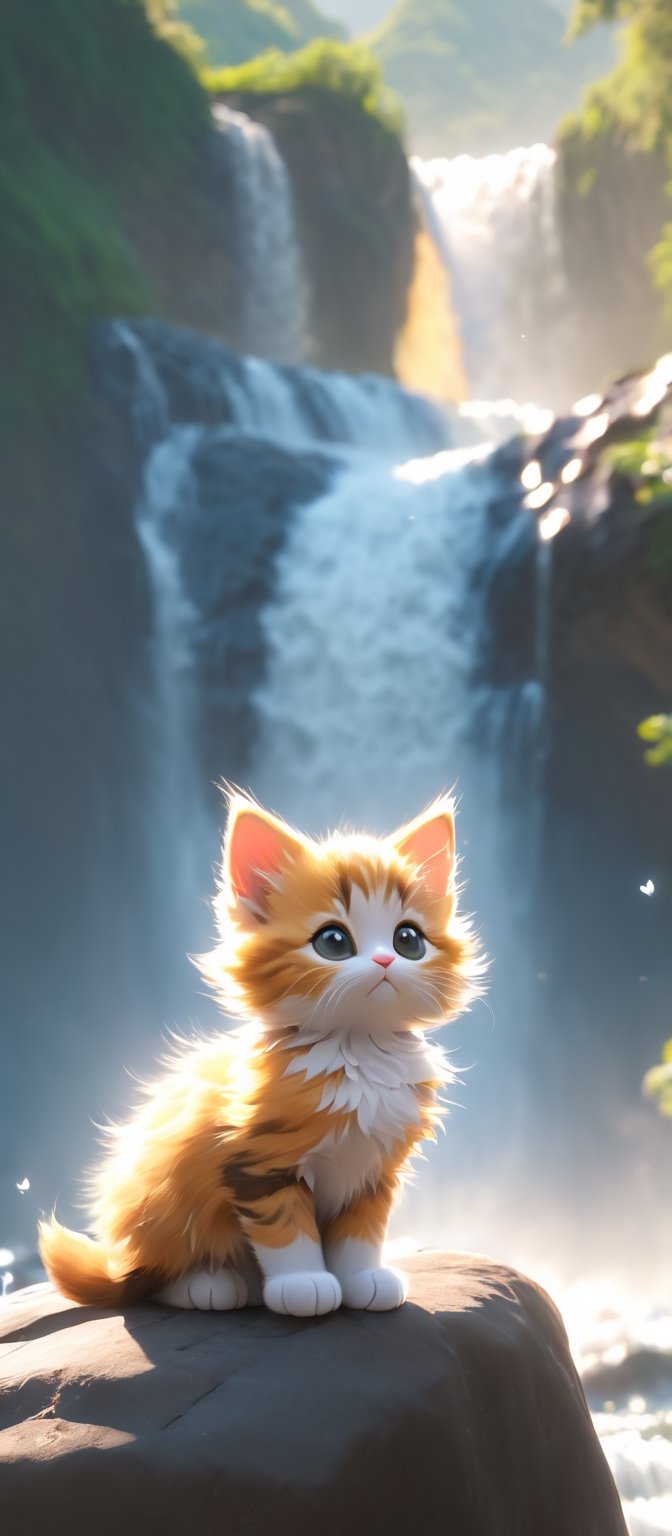 a kittens is sitting on a large rock in front of a waterfall and looking at the waterfalls, samikshavad, pinterest, Landscape, pexels, Adventure fantasy, Lost world, rayasi, picture, jigsaw puzzle, instagram, Sheela Gowda, simaura, stock photo, hurufiyya, ramanda, Tunga, screenshot, tumblr, digital rendering, Diagrammatic, Romantic fantasy, Xianxia, Ramkinkar Baij, unsplash, Figurative, sumatraism, Life, Fabulation, priysantheme, Photorealism, N. S. Harsha, nurugai, regionalism, naturalism, Deng Shiru,Xxmix_Catecat