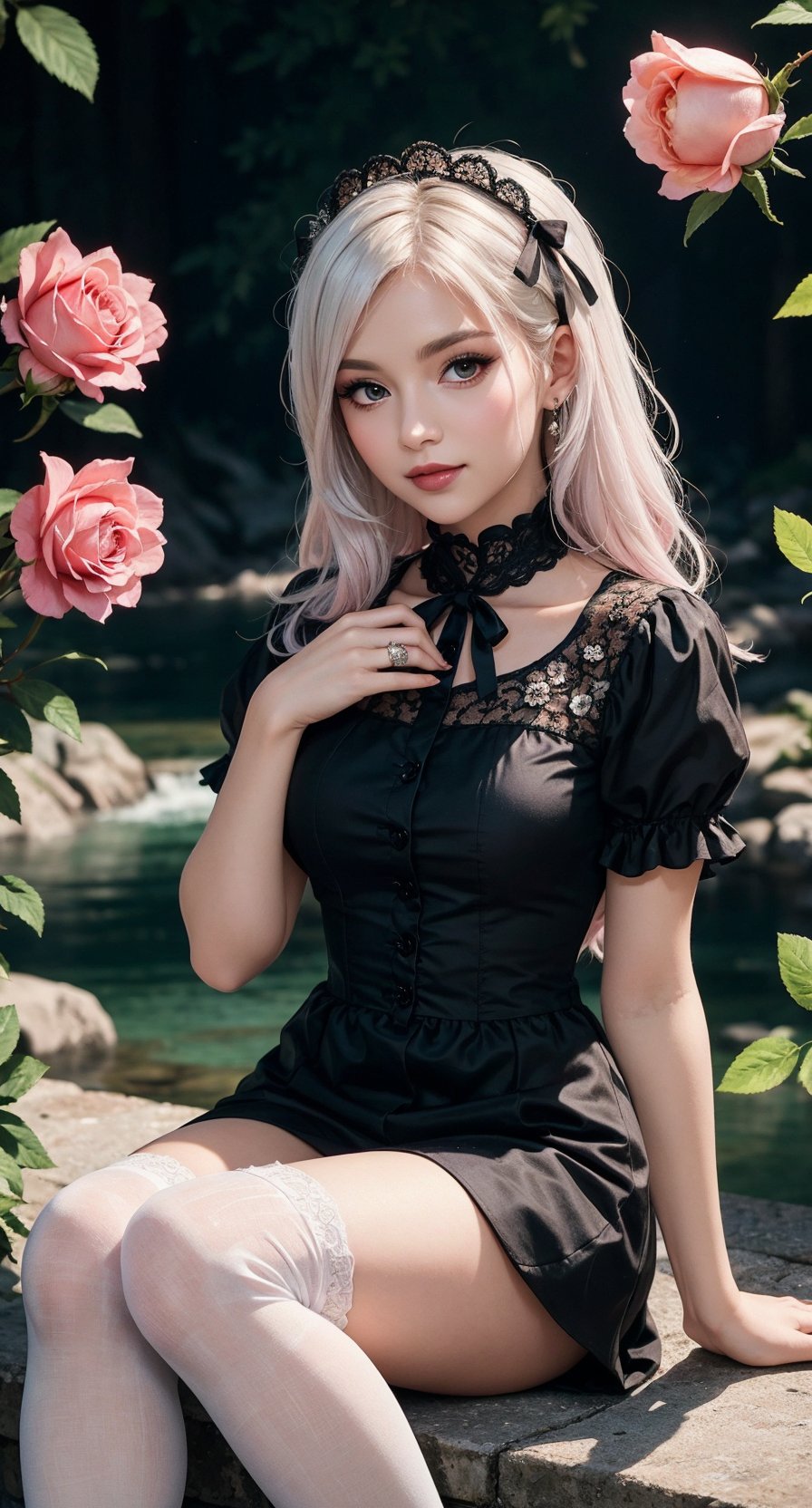 A kawaii lady, adorned with pastel pink accessories and a subtle gothic flair, sits elegantly on a velvet-covered throne. Soft, pink casts a warm glow, highlighting intricate on her pink black dress, while dark.,cartoon,green theme