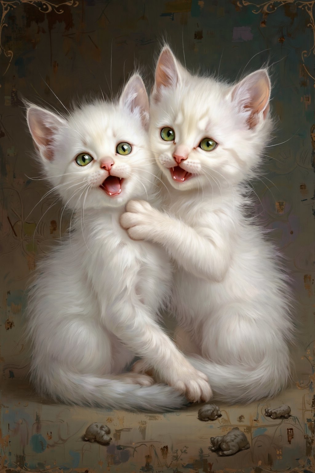  (white kittens), (happy), (oil painting), (chubby cheeks), (green eyes), (playful), (whiskers), (fluffy fur), (cuddled together), (soft lighting), (antique frame), (random patterns), (masterpiece), (dynamic lighting), (8k), (high resolution), (best quality), (natural beauty), (sharp), (very detailed), (realism), (realistic), (detailed anatomy),score_9, score_8_up, score_8,score_7_up,source_real, 