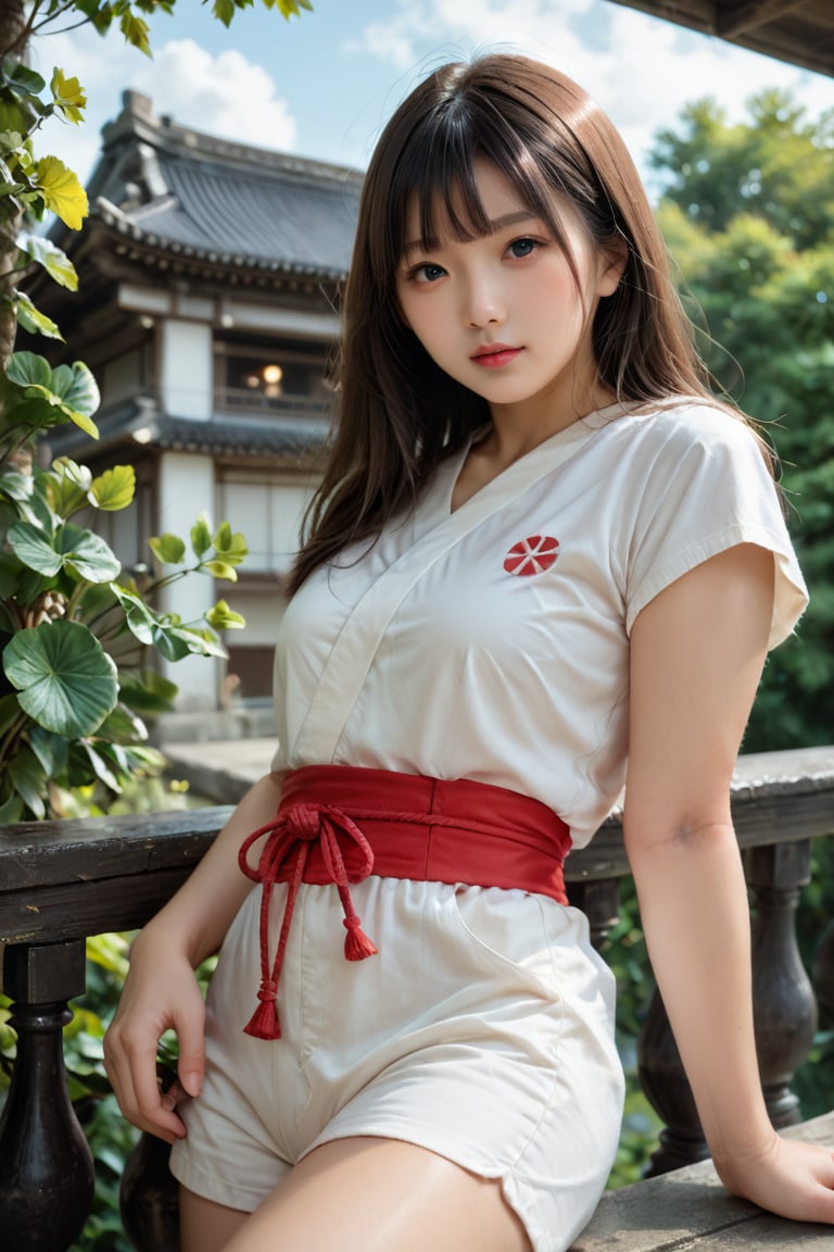 Charming Japanese woman, Japanese idols, more_than_one_pose, 😍, 😉, 🥰, (front bangs hair:1.4), spooning, in balcony, adorable, wearing tight body suit, curvy, (beautiful tight shorts),Weaving details, upper body shot, intricate details, chaos realistic background, (Japanese details:1.4), (ancient Japanese themes:1.4), focus, Bokeh, masterpiece, hyper details, ,score_9, score_8_up, score_8,,score_7_up,Extremely Realistic