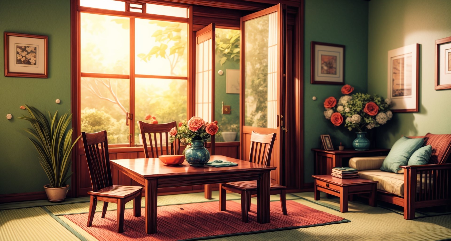 A simple Japanese home during the summer afternoon, where the sunlight streams through the open window, casting a warm and inviting glow across the room. The interior is decorated with traditional Japanese furnishings, including a tatami mat floor, shoji paper doors, and a low table with a few delicately arranged items. Against one wall is a sliding door that leads to a garden, offering a peaceful view of the outdoors. In the center of the room stands a tall vase filled with fresh flowers, their colors contrasting beautifully against the minimalist white walls.,3d,3dcharacter