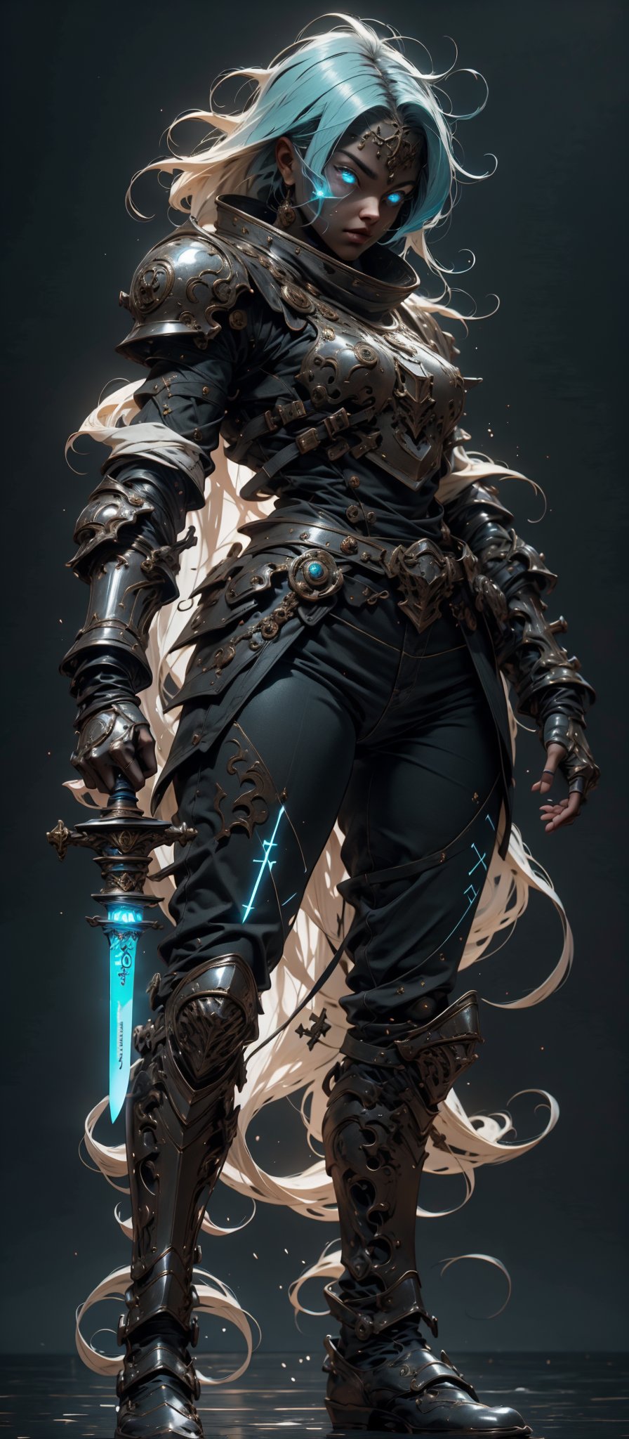 adorable Girl Knight adorned in a Damascus glass armor, Posed confidently with a sword, A simple yet impactful depiction, amazing body, Ideal for a knight-inspired wallpaper, ,ultra hd, detailed body, full body, detailed hands, detailed face, detailed eyes,Hydr04rmor,Hydropunk,GlowingRunes_,foreground,glowing,r1ge