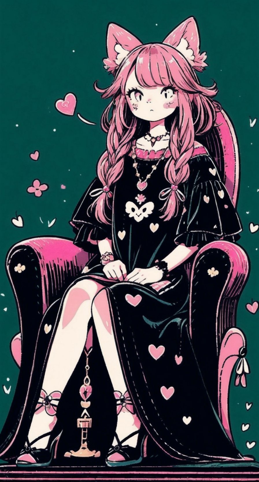 A kawaii lady, adorned with pastel pink accessories and a subtle gothic flair, sits elegantly on a velvet-covered throne. Soft, pink casts a warm glow, highlighting intricate on her pink black dress, while dark.,cartoon,green theme