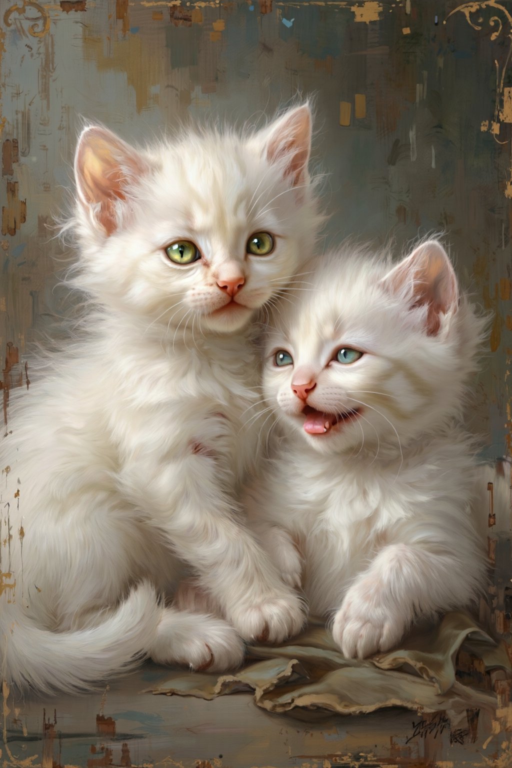  (white kittens), (happy), (oil painting), (chubby cheeks), (green eyes), (playful), (whiskers), (fluffy fur), (cuddled together), (soft lighting), (antique frame), (random patterns), (masterpiece), (dynamic lighting), (8k), (high resolution), (best quality), (natural beauty), (sharp), (very detailed), (realism), (realistic), (detailed anatomy),score_9, score_8_up, score_8,score_7_up,source_real, 