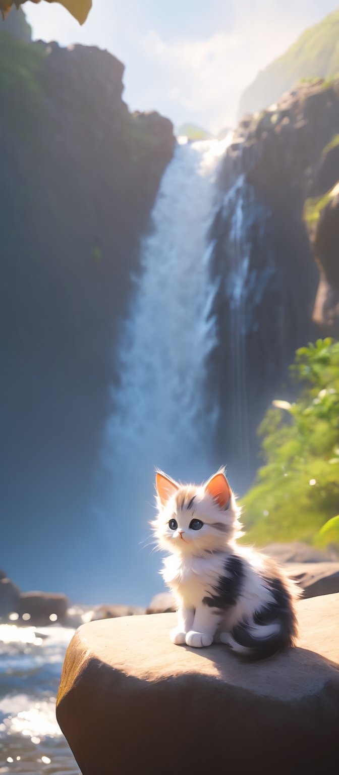 a kittens is sitting on a large rock in front of a waterfall and looking at the waterfalls, samikshavad, pinterest, Landscape, pexels, Adventure fantasy, Lost world, rayasi, picture, jigsaw puzzle, instagram, Sheela Gowda, simaura, stock photo, hurufiyya, ramanda, Tunga, screenshot, tumblr, digital rendering, Diagrammatic, Romantic fantasy, Xianxia, Ramkinkar Baij, unsplash, Figurative, sumatraism, Life, Fabulation, priysantheme, Photorealism, N. S. Harsha, nurugai, regionalism, naturalism, Deng Shiru,Xxmix_Catecat