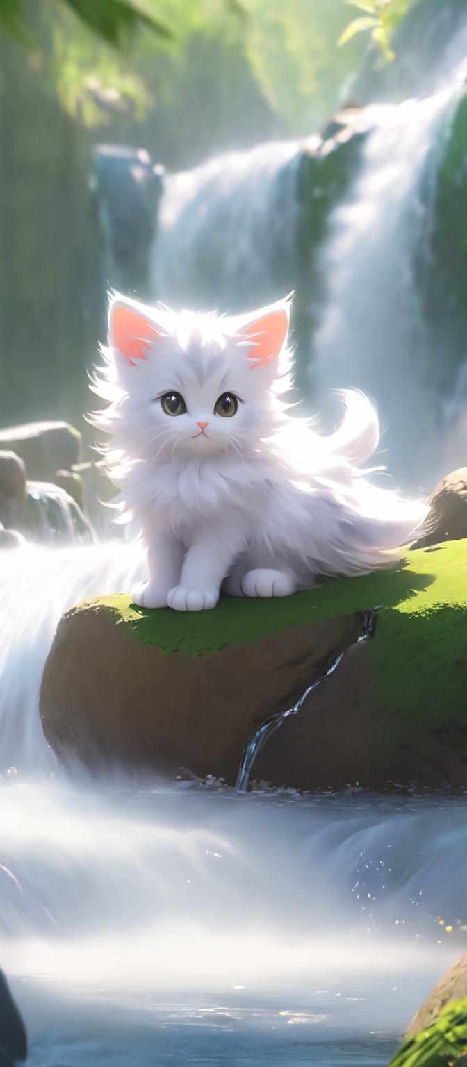 a kittens is sitting on a large rock in front of a waterfall and looking at the waterfalls, samikshavad, pinterest, Landscape, pexels, Adventure fantasy, Lost world, rayasi, picture, jigsaw puzzle, instagram, Sheela Gowda, simaura, stock photo, hurufiyya, ramanda, Tunga, screenshot, tumblr, digital rendering, Diagrammatic, Romantic fantasy, Xianxia, Ramkinkar Baij, unsplash, Figurative, sumatraism, Life, Fabulation, priysantheme, Photorealism, N. S. Harsha, nurugai, regionalism, naturalism, Deng Shiru,Xxmix_Catecat