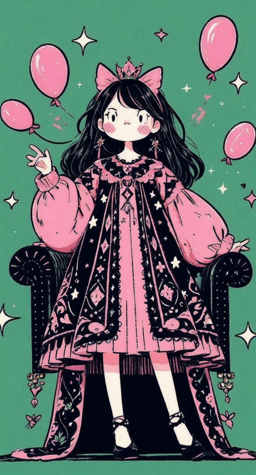 A kawaii lady, adorned with pastel pink accessories and a subtle gothic flair, sits elegantly on a velvet-covered throne. Soft, pink casts a warm glow, highlighting intricate on her pink black dress, while dark.,cartoon,green theme