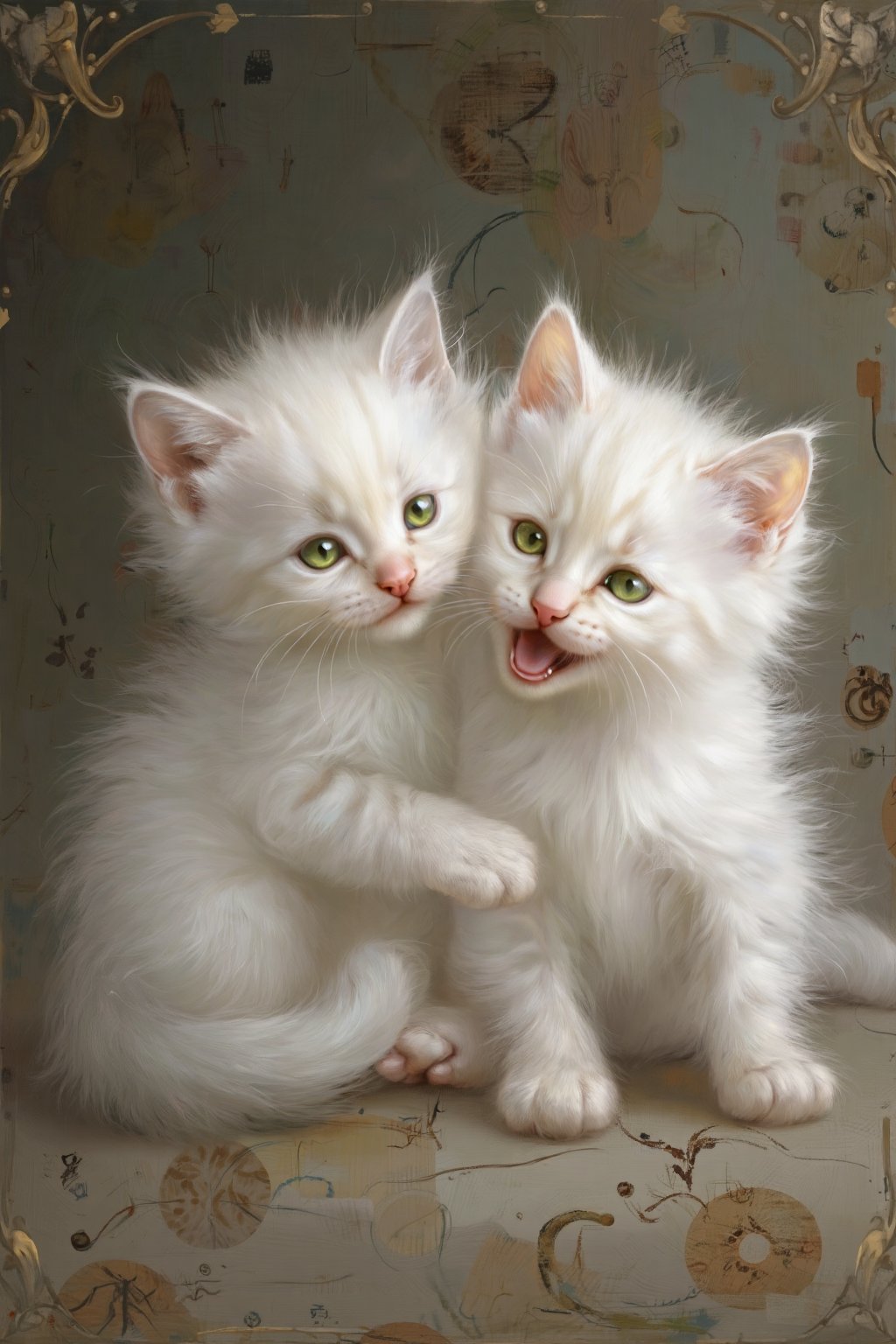  (white kittens), (happy), (oil painting), (chubby cheeks), (green eyes), (playful), (whiskers), (fluffy fur), (cuddled together), (soft lighting), (antique frame), (random patterns), (masterpiece), (dynamic lighting), (8k), (high resolution), (best quality), (natural beauty), (sharp), (very detailed), (realism), (realistic), (detailed anatomy),score_9, score_8_up, score_8,score_7_up,source_real, 