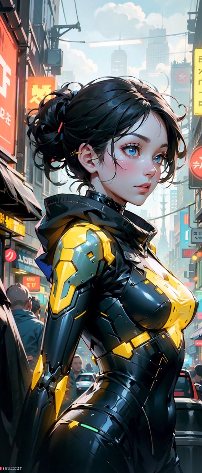 Beautiful robotic woman, futuristic city, her body perfect blend of organic and artificial,midjourney