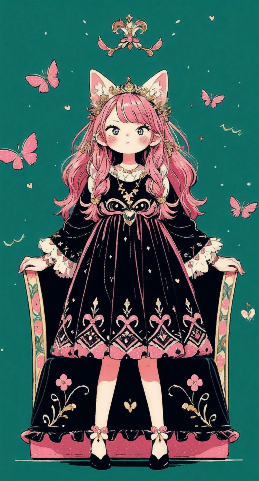 A kawaii lady, adorned with pastel pink accessories and a subtle gothic flair, sits elegantly on a velvet-covered throne. Soft, pink casts a warm glow, highlighting intricate on her pink black dress, while dark.,cartoon,green theme