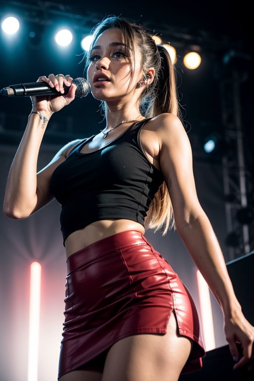 ((Full body shot:0.5)), Ariana Grande, on stage, performing on stage, concert, background lights, staring intensely into the camera with a slight smirk on her lips, realistic skin tone, detailed face shading, perfect hands, detailed fingers, (wearing colorful tank top, short skirt, very high heels, natural skin texture, 4k textures, elegant, highly detailed, sharp focus, ((((cinematic look)))), soothing tones, insane details, intricate details, hyperdetailed, cinematic light, dim colors, exposure blend, hdr, faded, bokeh,