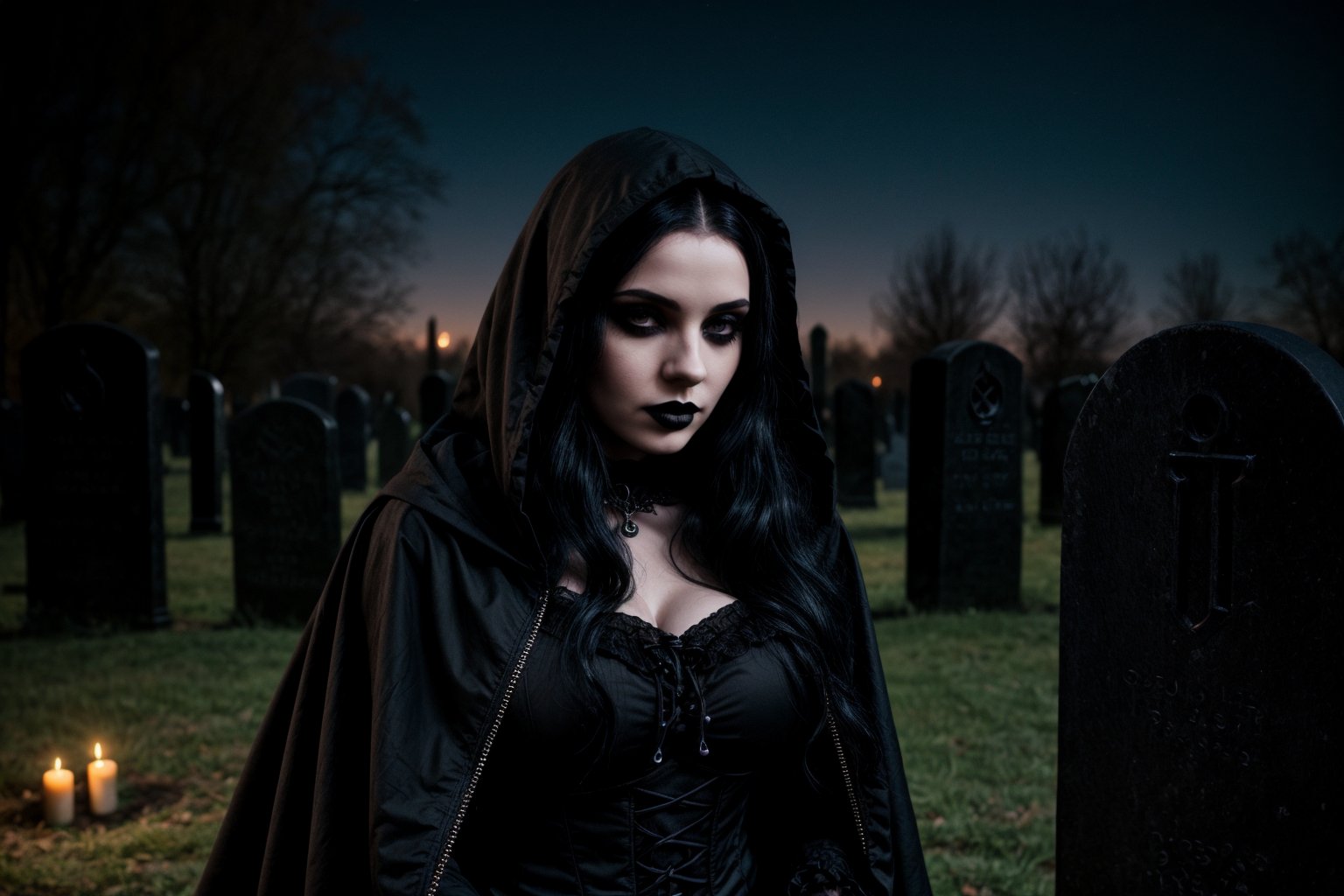 18 year old beautiful female, long black hair, full boby, no crop, gothic, black lipstick, full black gothic dress with hood, grave yard background, evening, night time