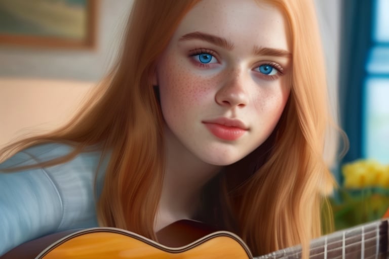 18 year old beautiful russian female, playing guitar, strawberry blond hair, freckles, realistic, realistic light blue eyes, realistic lips, realistic eyes, masterpiece, 4k