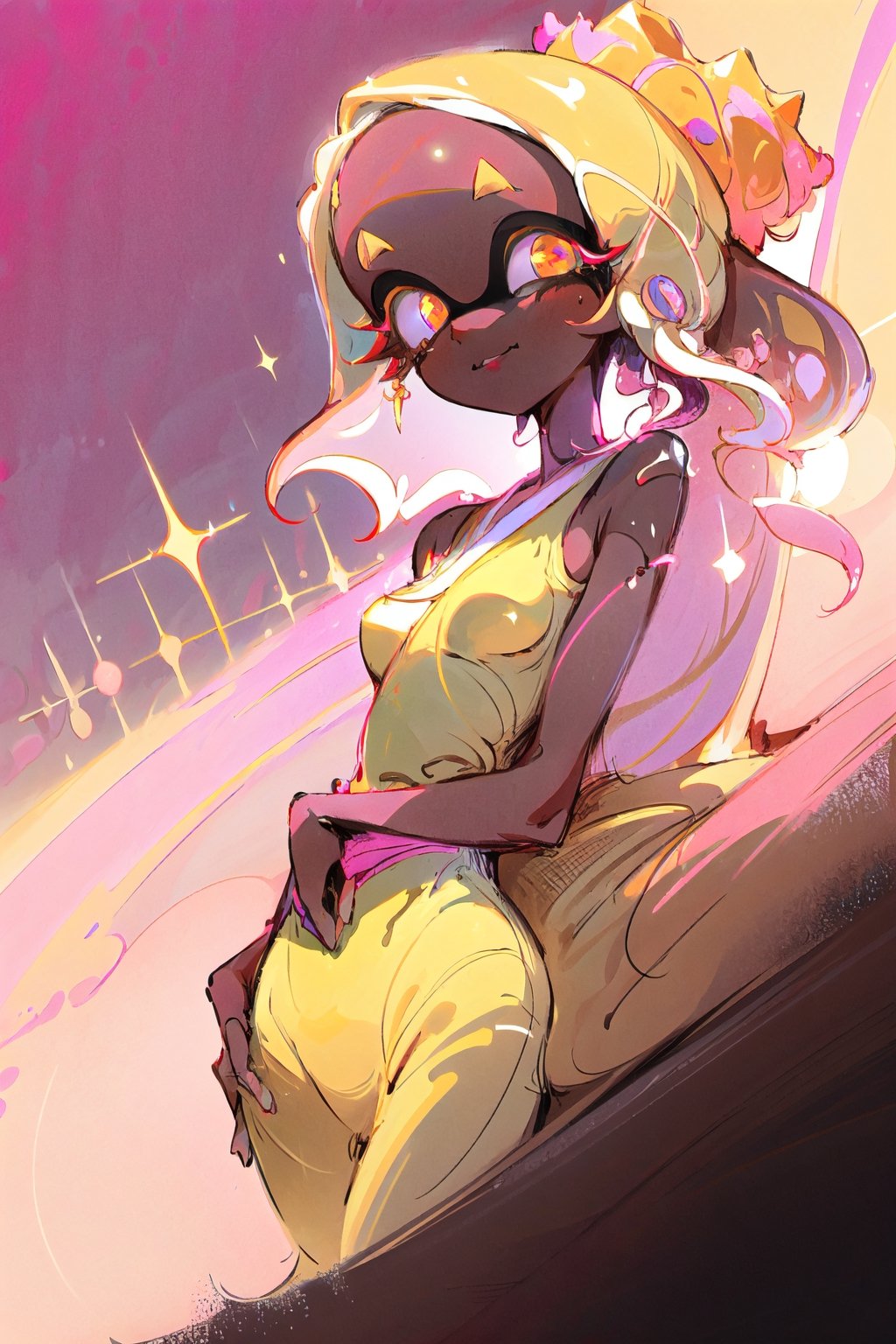 Frye Splatoon in pink elegant kimono, ((very dark skinned)), in elegant den, 3/4 angle, angle from below, (pink theme), happy facial expression, beautiful masterpiece, complex_background, detailed eyes, detailed face, 8k cinematic lighting, ethreal lighting, masterpiece, beautiful, ginourmous perky breasts, detailed eyes, shiny eyes, detailed face, expressive face, beautiful face, long hair, sparkles, Detailedface,scenery,Detailedface,Detailedeyes, frye