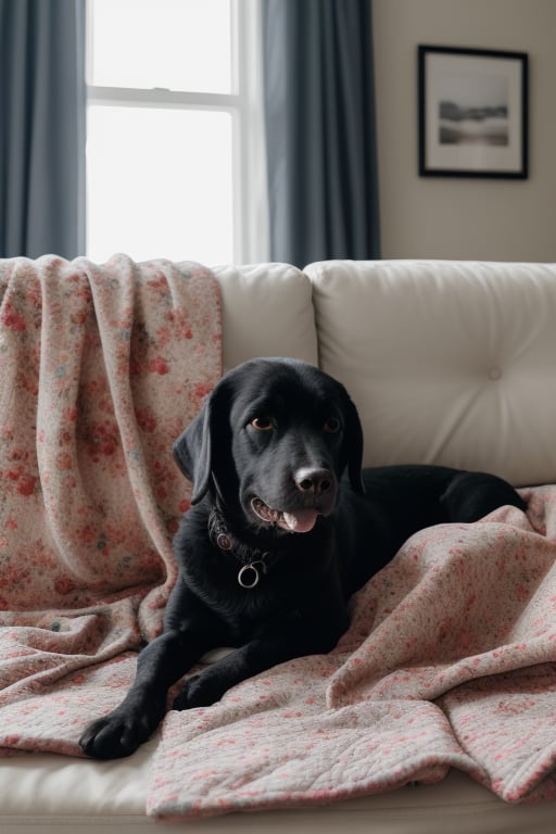 a short black curly hair woman with her black dog , her body laying on a couch on her lap,  colorful quilted blanket, detailed, realistic, photorealistic, 8k Resolution, close to perfection, dynamic, highly detailed, smooth, nikon d850 film stock