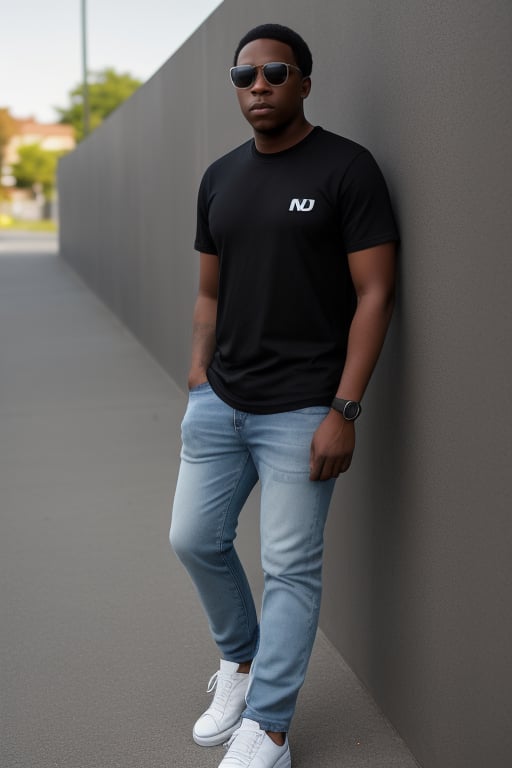 a 25 year old, blind black man in a t-shirt and jeans, sneakers, sunglasses, serious face, a full-body shot, detailed, realistic, photorealistic, 8k Resolution, close to perfection, dynamic, highly detailed, smooth, positioned so that the image is symmetrical and balanced directly towards the viewer, nikon d850 film stock