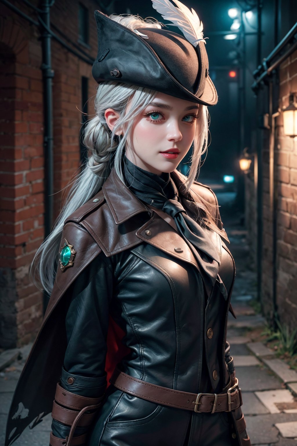 dark scene, best quality, portrait, 1girl, beautiful, Ladymaria, tricorne,feather hat, gloves, jacket, leather pants, standing in dark alley, shaded face, smile, parted lips, blush, necktie, deep green eyes, white hair,ponytail, blush, looking at viewer, medium breasts, masterpiece, fantasy, hdr, masterpiece, film grain, (lens distortion:0.7), (chromatic aberration:0.7), intricate, unreal engine 5, volumetric lighting, realistic, realistic lighting, cinematic, 8k, cinematic lighting, (depth of field:0.7), masterpiece, perfect, hyper-detailed, photorealistic, ultra realistic, realistic light, hard lighting, intricate details, stop motion, hyperfocus, tonemapping, sharp focus, hyper detailed, trending on Artstation, particles, sparkles, dark atmosphere















,3DMM