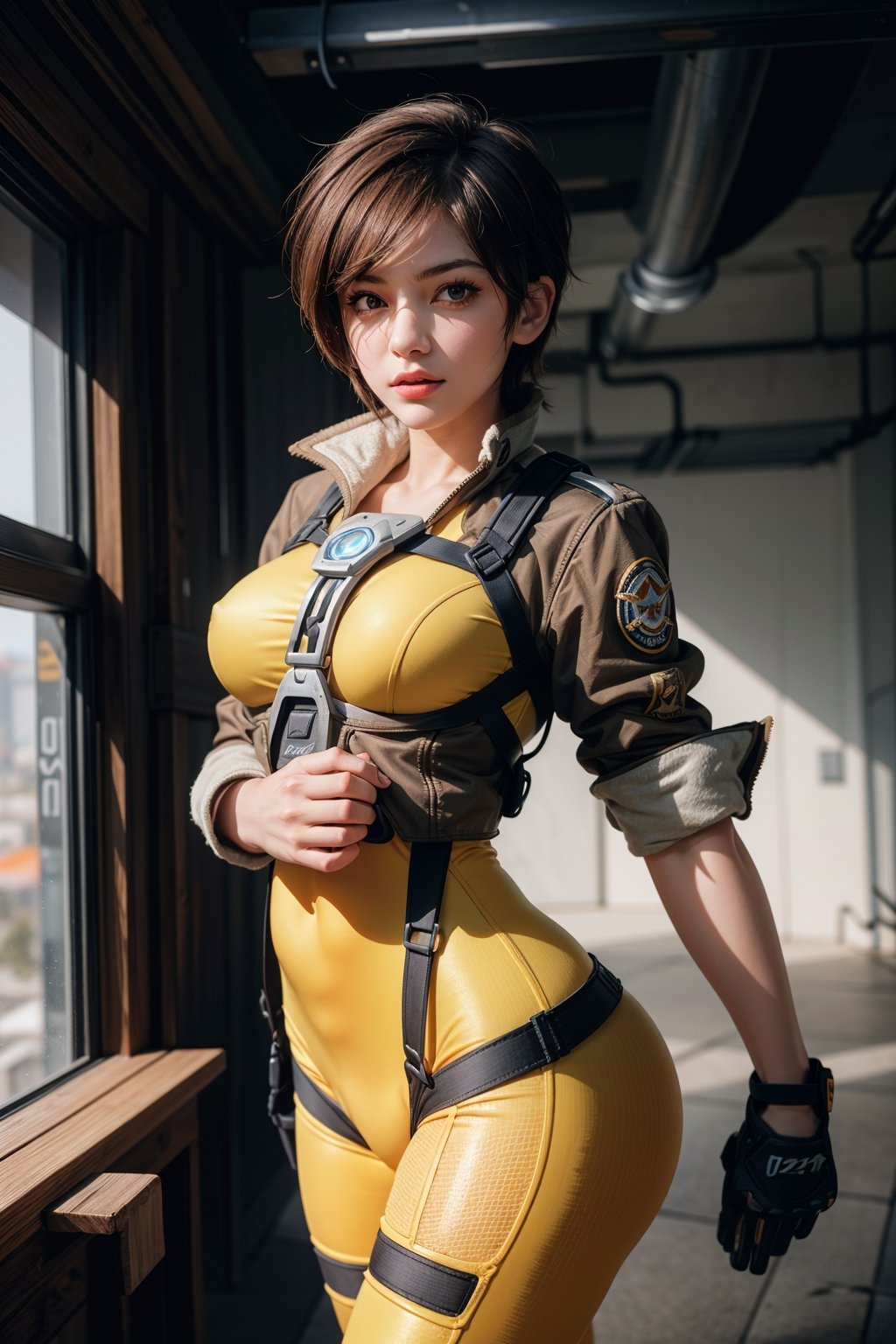 {{{masterpiece}}}, {{{best quality}}}, {{{ultra-detailed}}}, {cinematic lighting}, 1girl,solo,tracer_overwatch, bodysuit, bomber jacket, harness, chest harness, orange bodysuit,hourglass body shape,cowboy shot,round ass