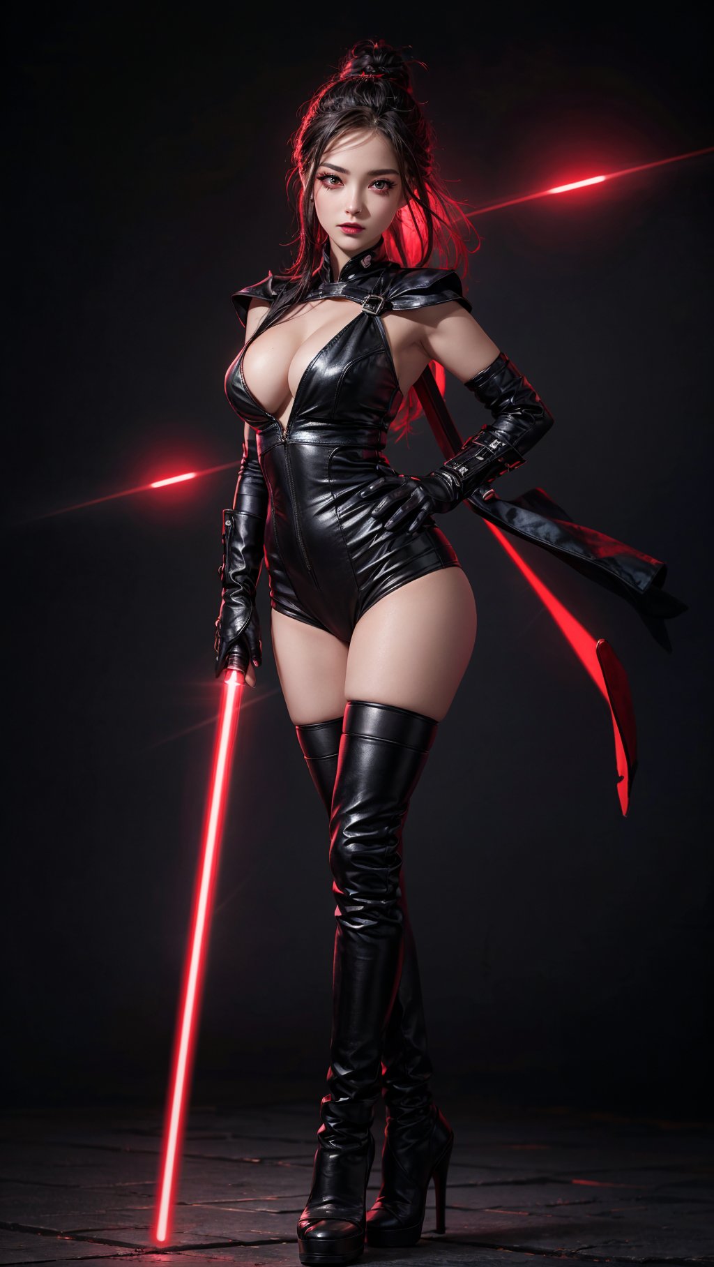 {{{masterpiece}}}, {{{best quality}}}, {{{ultra-detailed}}}, {cinematic lighting}, {illustration}, red_eyes,black_hair, gloves, sith, holding red lighsaber, black clothes, cleavage, sexy breasts, sexy ass, inside a space ship, dark ambience, lowkey, high heels, perfect eyes, pretty face, nice hands, ,3DMM