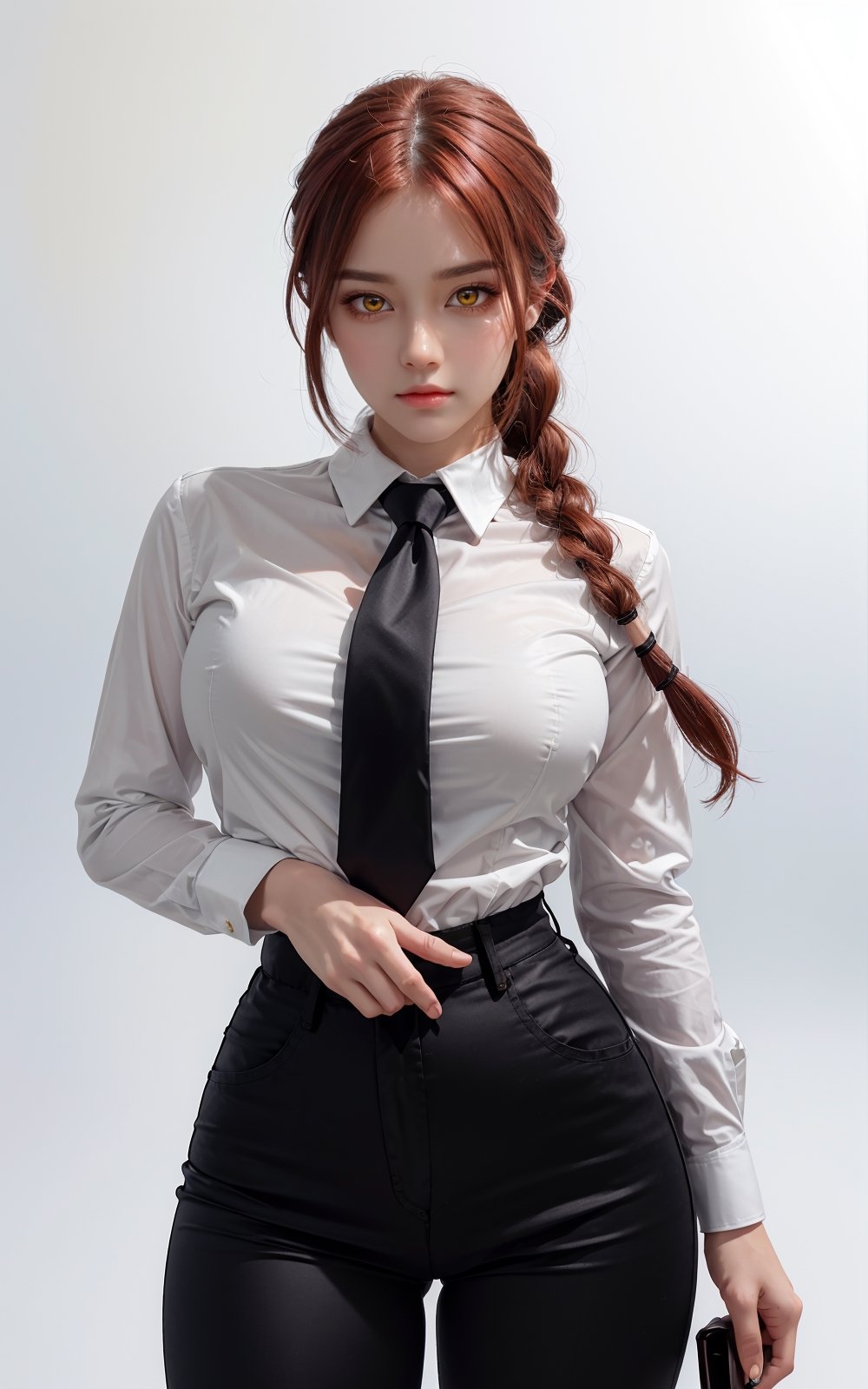 {{{masterpiece}}}, {{{best quality}}}, {{{ultra-detailed}}}, {cinematic lighting}, {illustration}, 1girl,makima(chainsaw man),smile, long sleeves, red hair, necktie, large breasts, solo, looking at viewer, pants, black pants, yellow eyes, 1girl, white shirt, braided ponytail, ringed eyes, high-waist pants, shirt, braid, shirt tucked in, simple background, white background, black necktie, collared shirt,detailed eyes,More Detail,detailed lips,hourglass body shaped,Enhance,sexy breasts, ,hourglass body shape,dark ambience,makima(chainsaw man),round ass