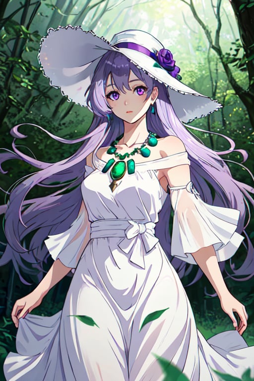 lady, fancy_hat, windy, white_dress, woods, long_hair, silver_necklace with emerald, purplehair, high_res, detailed_eyes