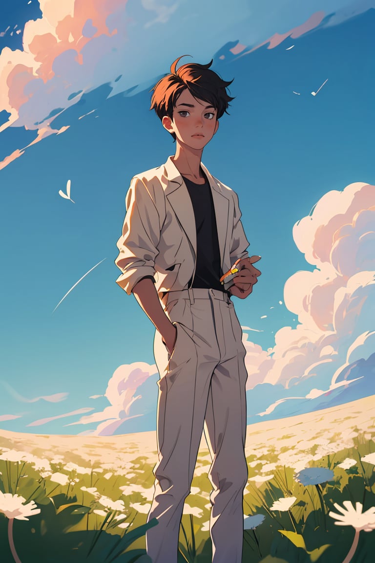 (best quality, masterpiece), 1boy, cloudy sky, dandelion, contrapposto, alternate hairstyle, 