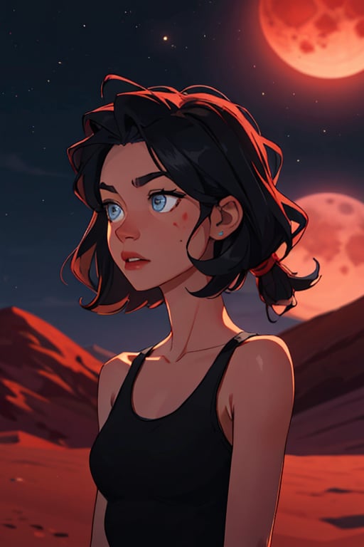 1female, long hair, black hair, short_hair, blue eyes,hair_style, different style hair,SAM YANG,midnight, desert, blood moon, white tanktop,