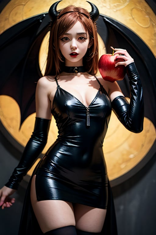 Anime girl in a devil costume holding a red apple, anime demon girl, Anime girl wearing a black dress, vampire girl, demon girl, gothic maiden anime girl, beautiful vampire queen, Succubus in a tight short dress, vampire fashion, 17-year-old gothic anime girl, Gapmoe Yandere Grimdark, Cute Succubus, anime monster girl, female vampire knight.