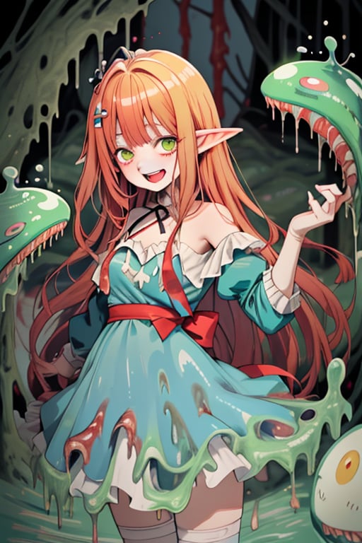 A half-wearing a blue dress, Alice in Wonderland style, long red hair, and a tentacular creature grabbing and smearing her body with a green slime, inside a castle, the girl looks happy as the creature penetrates her private parts, makima \(chainsaw man\)