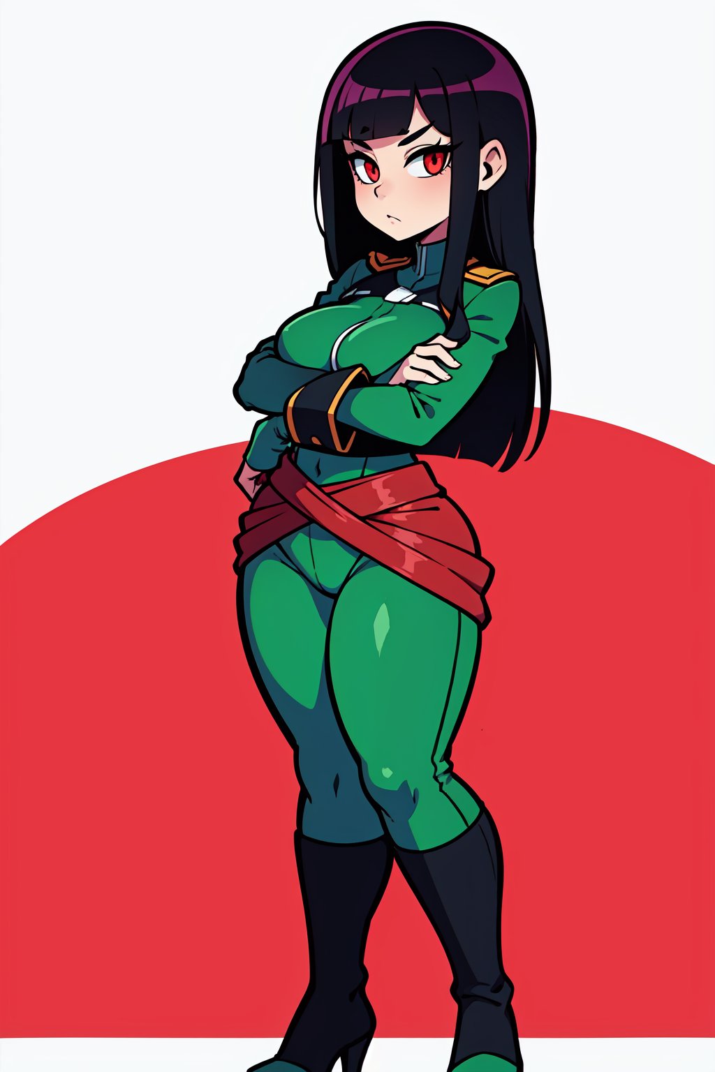 1GIRL, (thick_hips:0.8), red_eyes, black_hair, straight_long_hair, blakc_skin, green soldier_outfit, standing, looking_at_viewer, hands on waist, full_body, sexy, beautiful, perfect, attractive