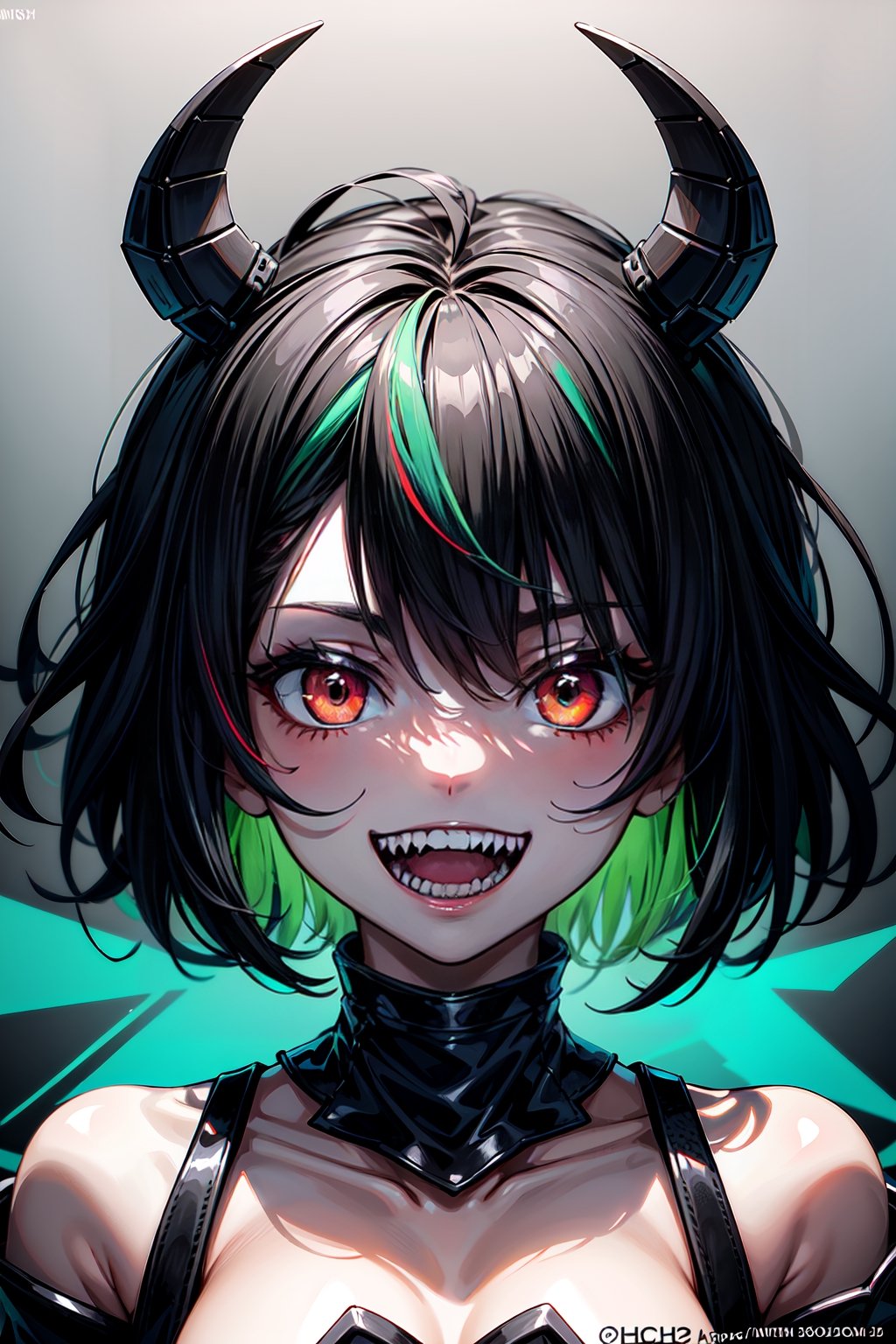 1girl, solo, looking at viewer, smile, short hair, open mouth, bangs, black hair, green eyes, upper body, flower, :d, multicolored hair, green hair, teeth, glowing, colored skin, watermark, sharp teeth, messy hair, portrait, glowing eyes, colored sclera, white eyes, grey skin, crazy eyes