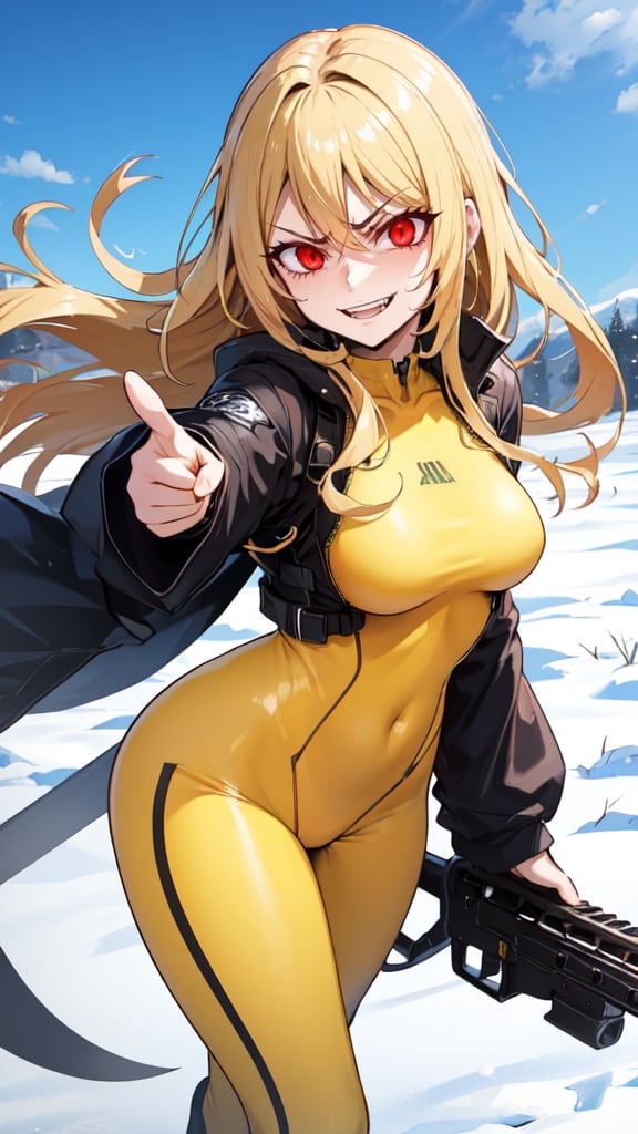 masterpiece, best quality, highres,1girl, (yellow bodysuit:1.2), grin, holding weapon, rifle, snow,medium breasts, long hair, red eyes, blonde hair,pointing at camera, pointing at viewer, evil face, angry
,sadistic smile