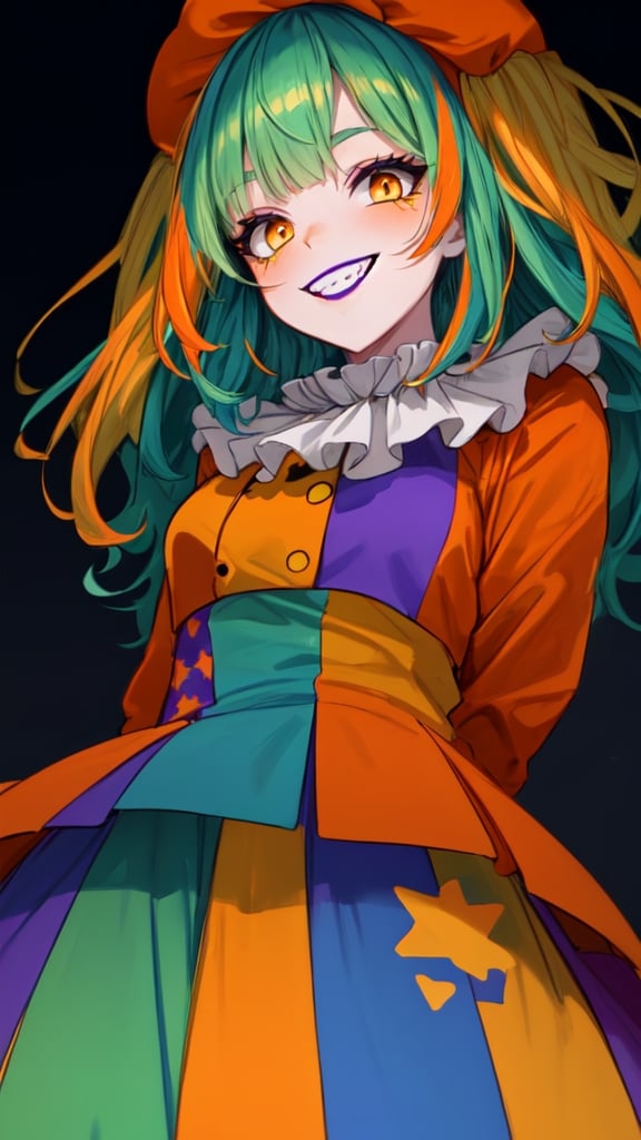 masterpiece, best quality, 1 girl, clown, clown, clown, mime, black lips, big smile, big make-up, giant smile, wide eyes, yellow eyes, green hair, multicoloured hair, dark background, low light, many shadows, wicked smile, teeth, (seen from below), (blue clothes with orange and yellow:1.3)