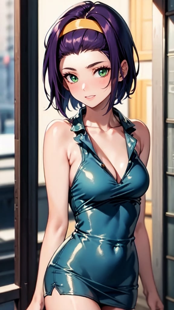 masterpiece, best quality, 1 girl, purple hair, short hair, alone, headband, green eyes, breasts, looking at viewer, yellow headband, cleavage, alone, looking at viewer, blush, smile , medium breasts, dress, cleavage, bare shoulders, green eyes, standing, collarbone, purple hair, thigh highs, cowboy shot lips parted, sleeveless, shiny bare arms, yellow hair band, grimace, covered navel, shiny skin , shiny clothes, shiny clothes, sleeveless dress, short dress, (blue dress:1.3), tight dress