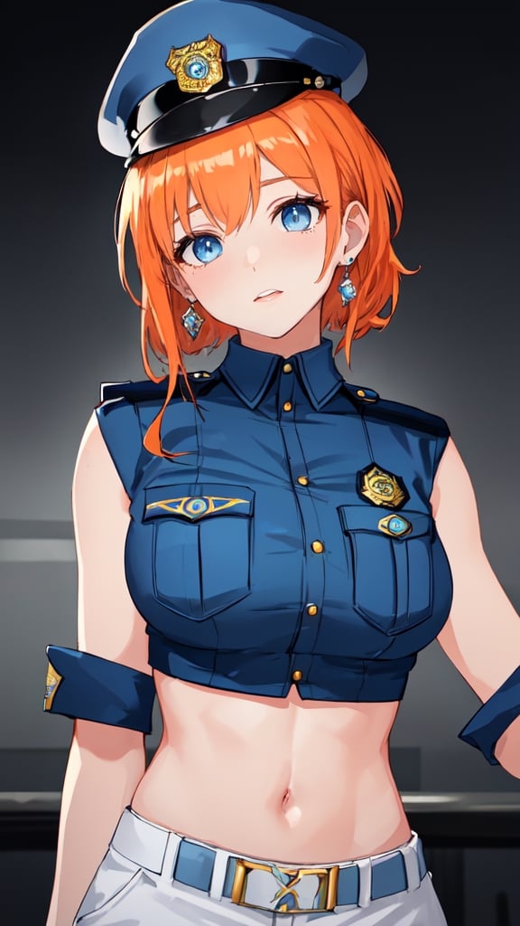 (best quality, masterpiece, colorful, dynamic angle, maximum detail) upper body photo, fashion photography with a cute simple background (with a female police uniform and a police cap: 1.4), good hand, 4k, high res, finely detailed skin, sharp focus, (cinematic lighting), soft lighting, dynamic angle, (abdomen view:1.5), medium breasts, 1 girl, jewelry, earrings, solo, looking_at_viewer, hair orange, (head tilt: 1.4),night background,(intricate details, hyper detailed :1.15),sexy