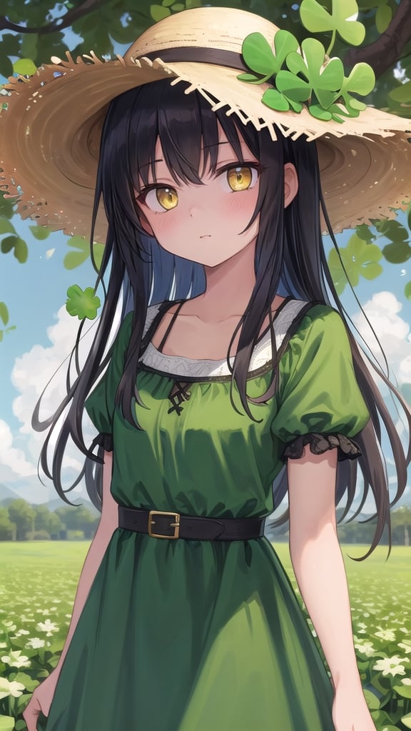 (masterpiece, best quality), 1 girl, alone, yellow eyes, black hair, long hair, tree field, four-leaf clovers, green clovers, straw hat, green dress, daytime, looking at the viewer, portrait