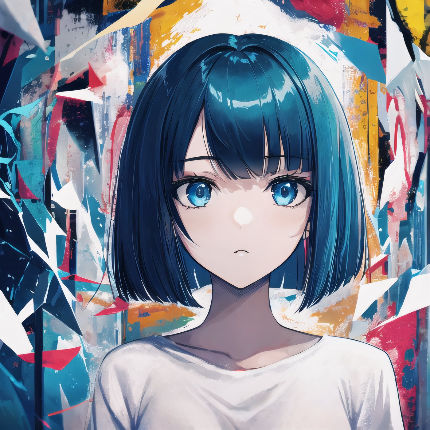 masterpiece, best quality, 1girl, upper body, shirt, black hair, blue eyes, abstract, solo_female, cool, calm, bob cut, chaotic background, blue, yellow
