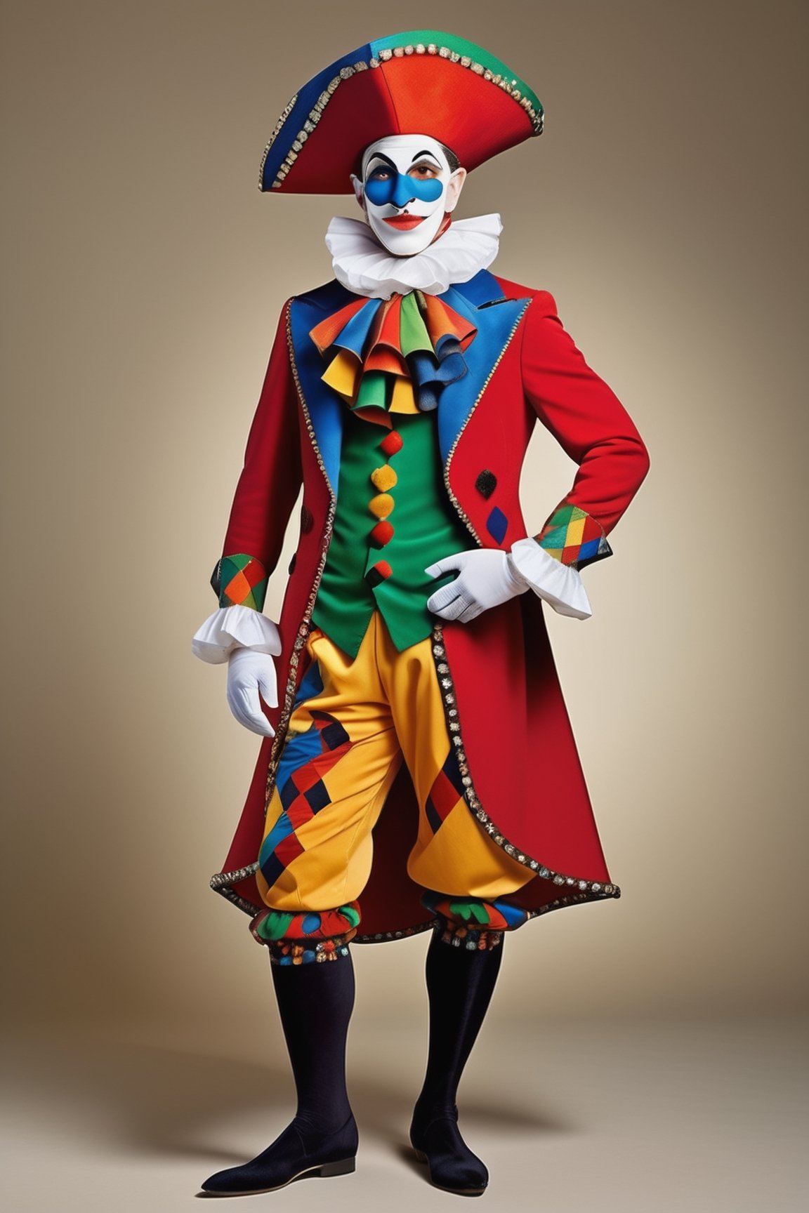 high_resolution, high detail, shiny, hyper realistic, photo quality 8k, In the image, an ((("Arlecchino"))), an iconic character from Italian commedia dell'arte, is prominently featured, dressed in a vibrant and distinctive costume. His attire, snug-fitting and full of personality, showcases a pattern of multicolored diamonds, spanning a range of bright and eye-catching hues. Each diamond is a mosaic of colors, including reds, blues, yellows, greens, and oranges, giving the costume a cheerful and festive look.

The Arlecchino's attire includes a tight-fitting jacket with long sleeves and pants that follow the same multicolored diamond pattern. His waist is accentuated with a striking belt that perfectly complements the ensemble. The outfit is completed with the typical three-pointed hat, known as a "tricorn," which is also adorned with the same diamonds and colors, adding a touch of elegance and extravagance.

The Arlecchino's face is often painted with bright colors and theatrical expressions. His eyes may be encircled in black and white, accentuating his playful and mischievous gaze. The Arlecchino, in his colorful attire and distinctive hat, personifies joy and a festive spirit, evoking the tradition and merriment of Italian commedia dell'arte.