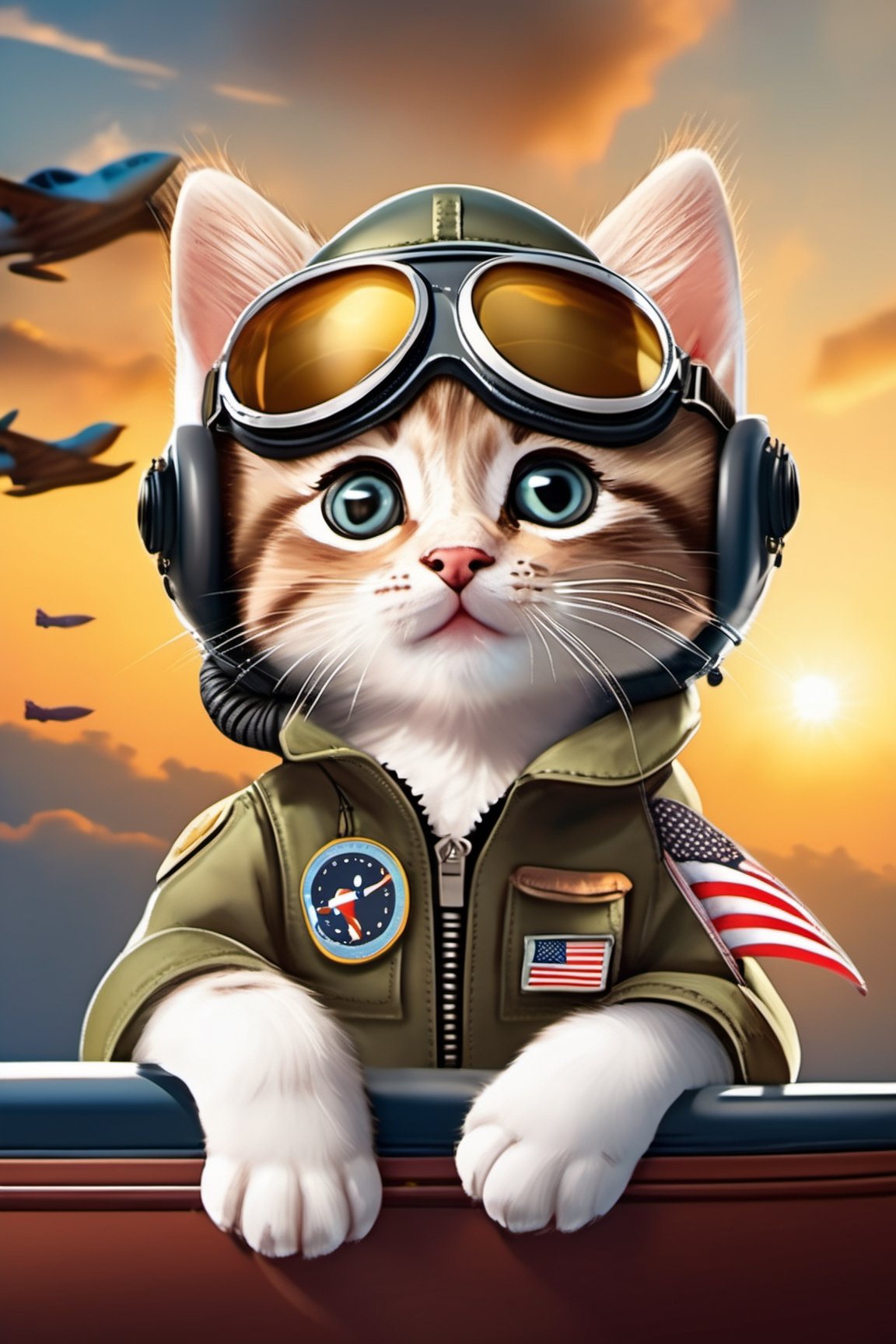 a cute kitten pilot wearing aviator goggles in an airplane