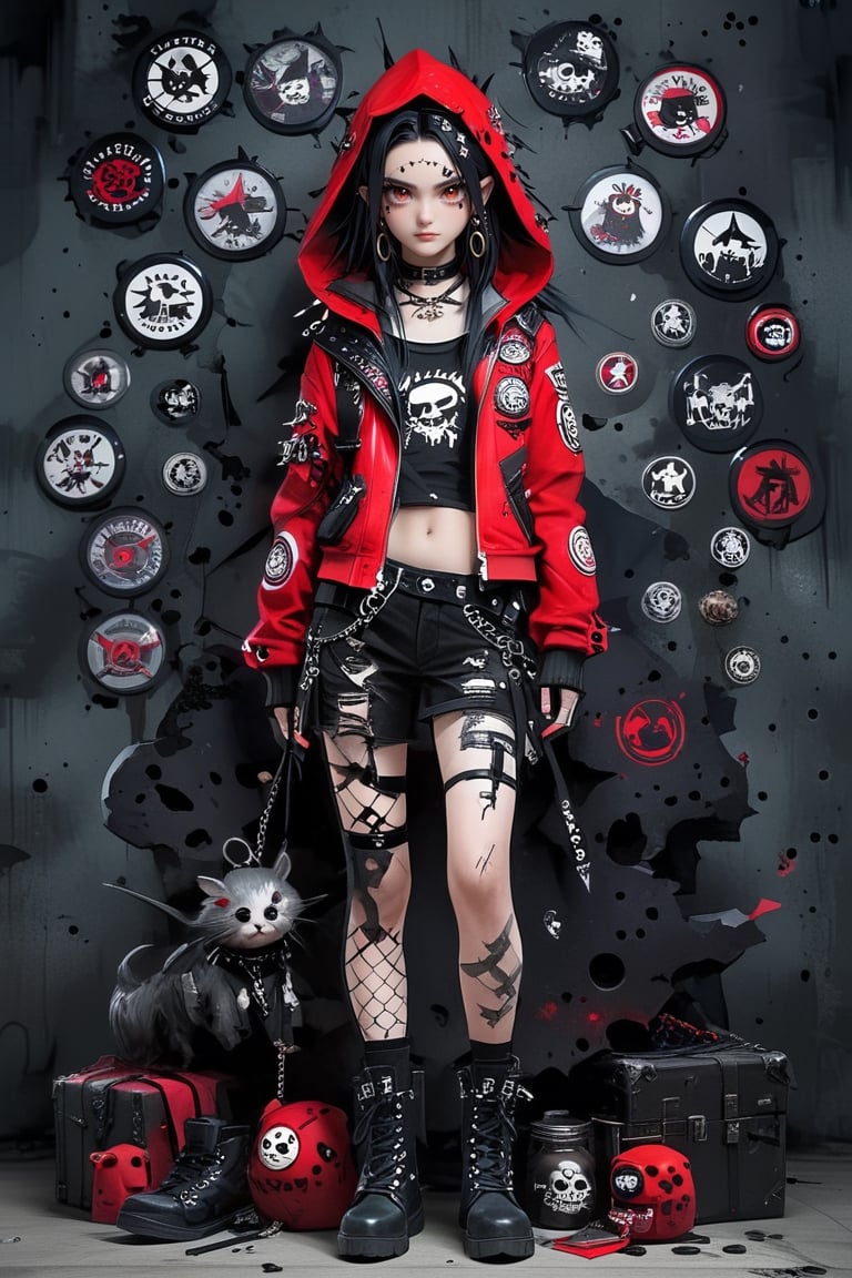 A punk gothic version of Little Red Riding Hood, 14, dressed in a rebellious fusion of edgy fashions
(standing:1.2), red hooded cape with torn fishnet accents, adorned with punk-inspired patches and pins. Septum earrings, more calls, ratty dreads, more patches, crust-core, anti-union designs, dirty torn studded spike leather jackets, hardcore punk style jackets, lot punk badges, military boots laced up her legs,,Rebellin, Dal,Pink Emo,ct-niji2,BugCraft,dal,ink