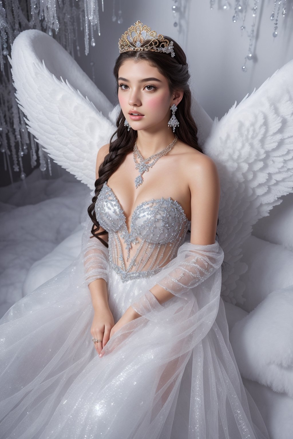  , Snow_Angel, Frozen, ((best quality)), ((masterpiece)), ((realistic)), ((18-year-old girl as a snow angel princess in a fantasy golden throne room, frozen, mystic fog, frost flowers)),{{blowjob}} ,{{cum}} ,In the grandeur of a throne room, an 18-year-old girl embodies the enchantment of a snow angel princess. Adorned with elegant earrings, intricate jewelry, and a tribal tattoo, she exudes a sense of regality and grace. Her flowing hair, infused with a radiant glow, cascades around her, accentuated by an ethereal ice hair ornament and a necklace fashioned from glistening ice. 