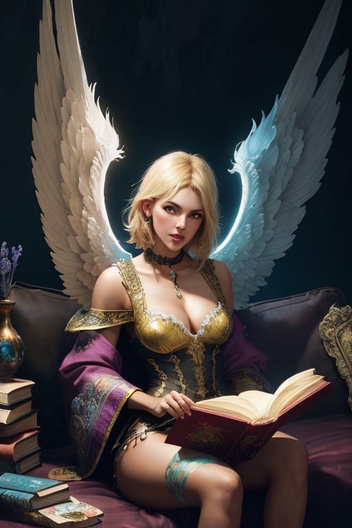 Detailled beautiful girl Photo Portrait!! Sexy girl with detailled angel wings, blonde hair, reading a book. The book she's reading is magic. Magic book. Breathtaking Fantasycore Artwork By Android Jones, Jean Baptiste Monge, Alberto Seveso, Erin Hanson, Jeremy Mann. Mucha. Intricate Photography, high resolution, hyperrealistic, vibrant. A Masterpiece, 8k Resolution Artstation, Unreal Engine 5, Cgsociety, Octane Photograph