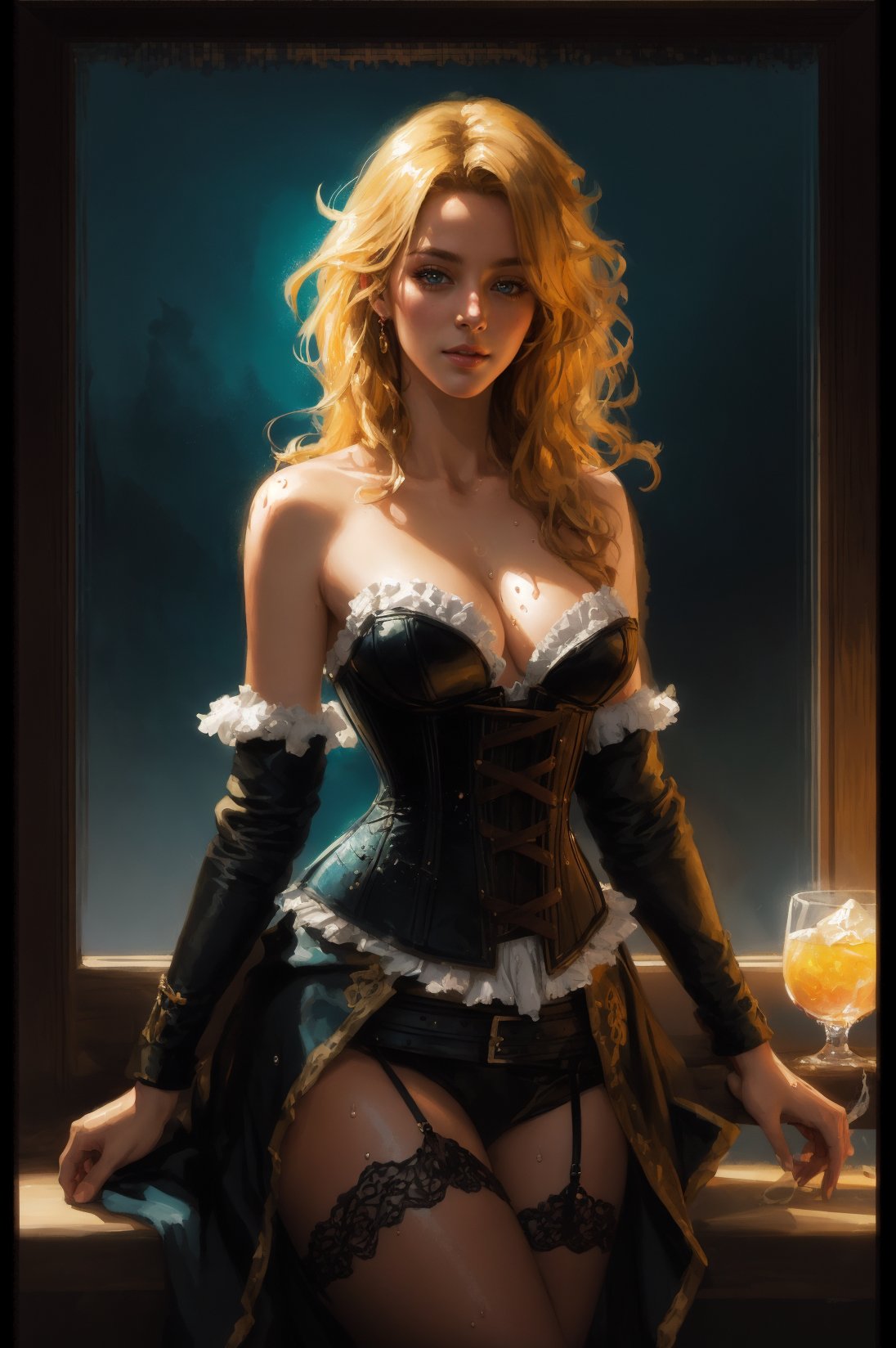 Gorgeous blonde woman sleeping in corset; Ben Bauchau, Michael Garmash, Daniel F Gerhartz, Clint Cearley, Carne Griffiths, Jean Baptiste Monge, strybk style, warm dreamy lighting, matte background, volumetric lighting, pulp adventure style, fluid acrylic, dynamic gradients, bold color, illustration, highly detailed, simple, smooth and clean vector curves, vector art, smooth, johan grenier, character design, 3d shadowing, fanbox, cinematic, ornate motifs, elegant organic framing, hyperrealism, posterized, masterpiece collection, bright lush colors, TXAA, penumbra, alcohol paint, wet gouache